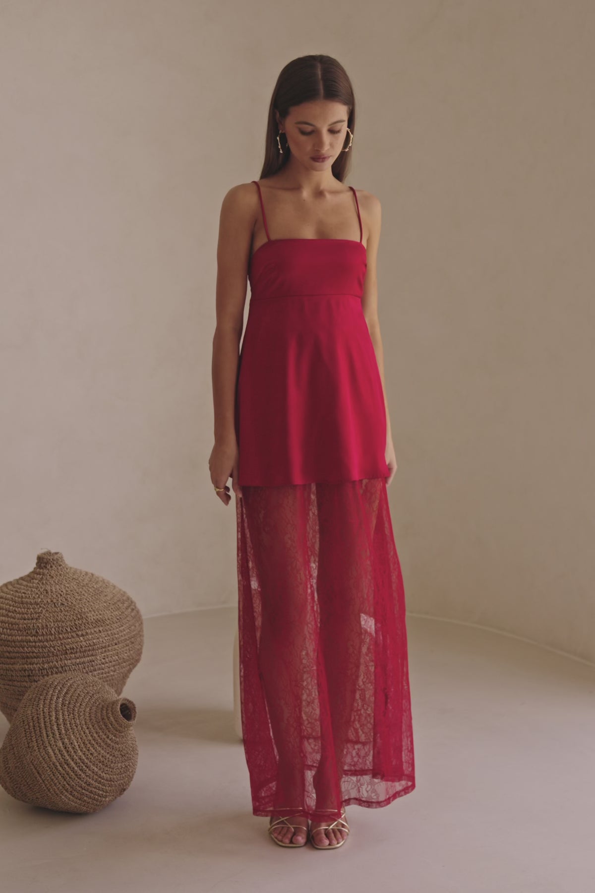 Red Silky Lace Strappy Maxi Dove Dress
