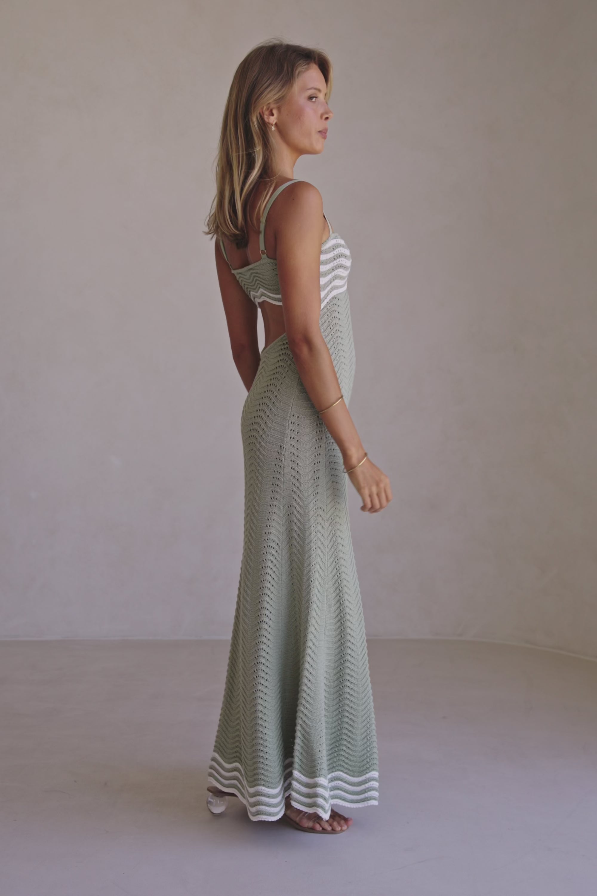 Khaki Green Wavy Knit Maxi Cielo Dress