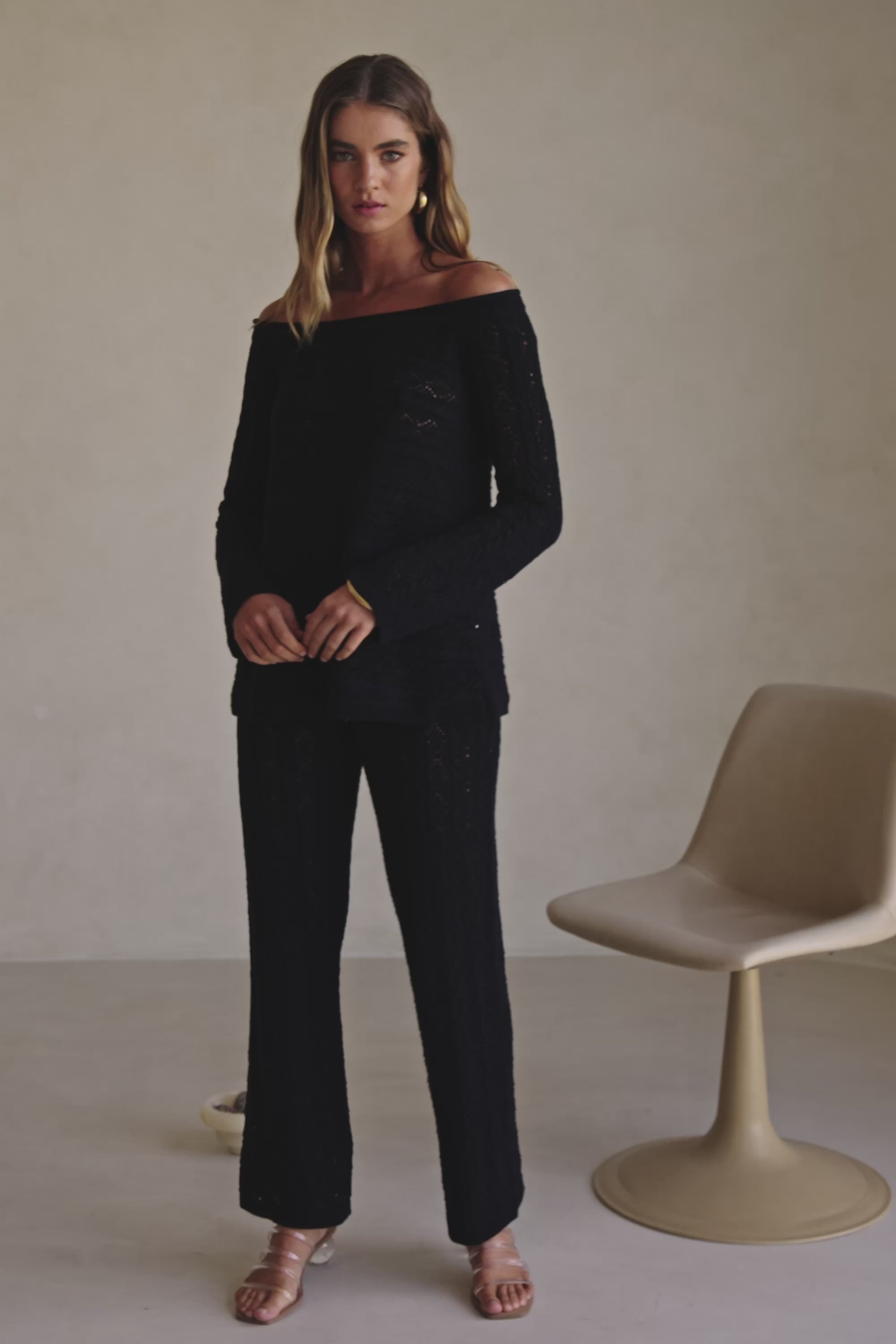 Black Crochet Knit High Waist Cierra Pants