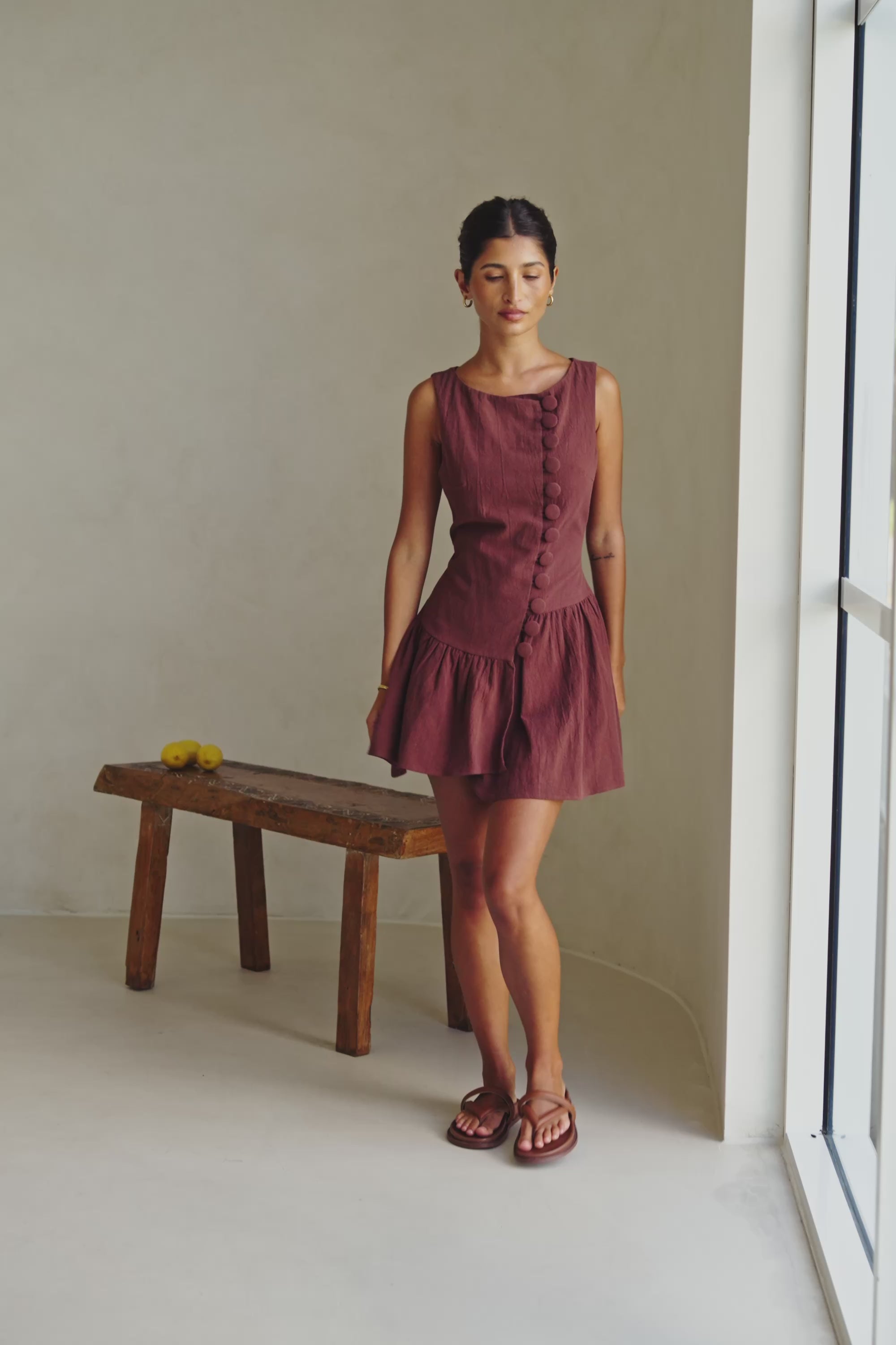 Alfresco Button Flounce Mini Dress - Chocolate