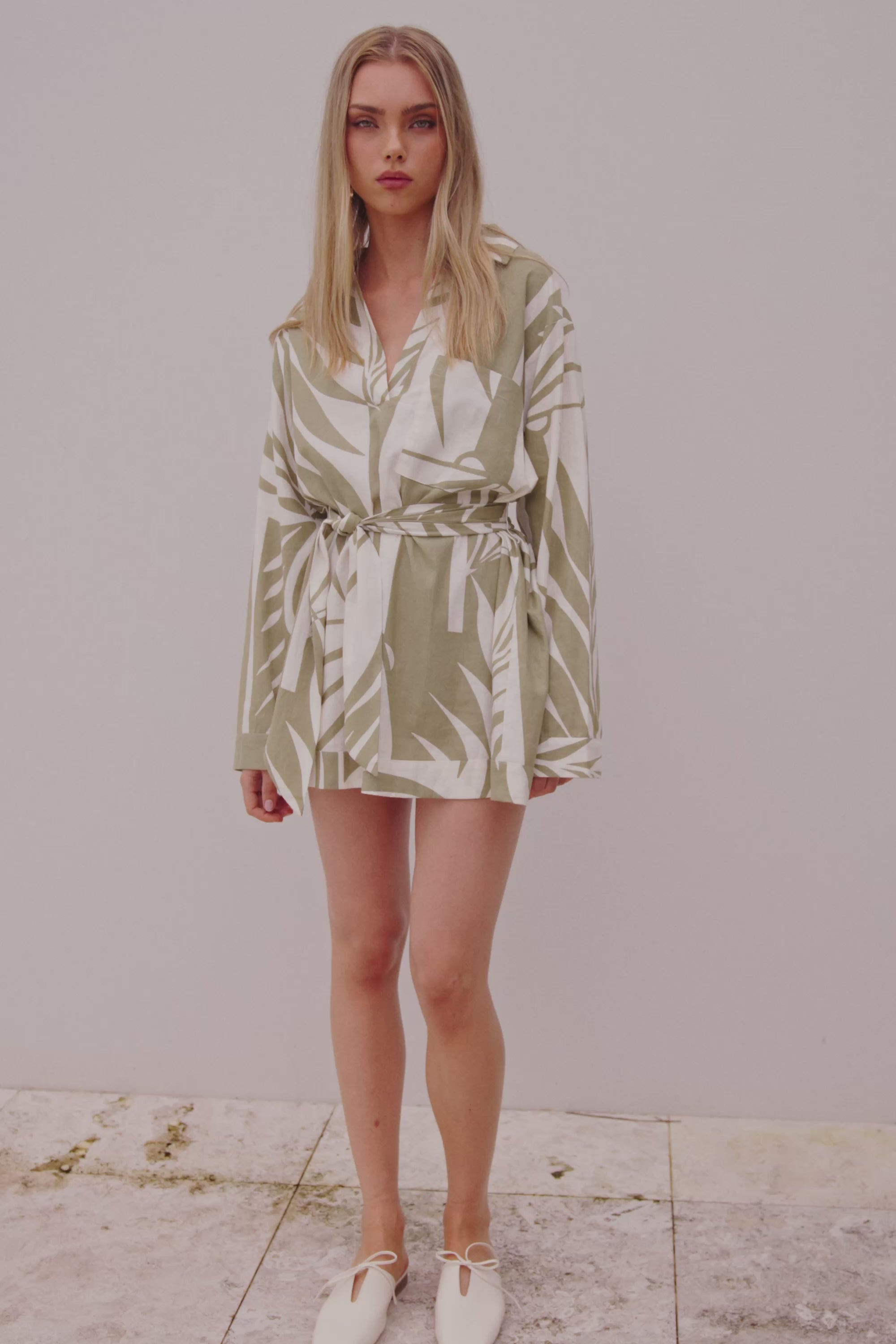 Palm Green Long Sleeve Mini Shirt Adele Dress