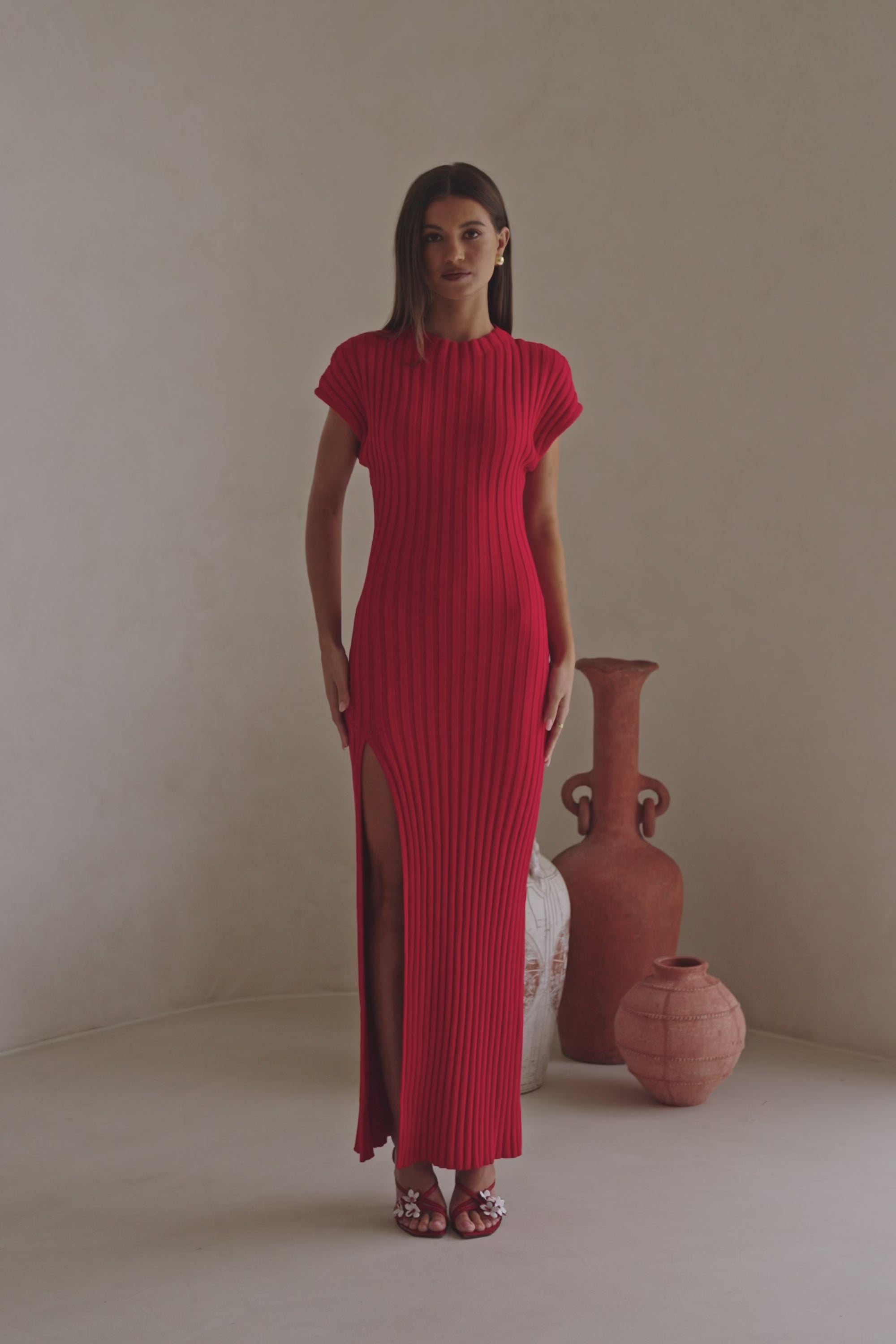 Red Rib Split Maxi Gemini Dress