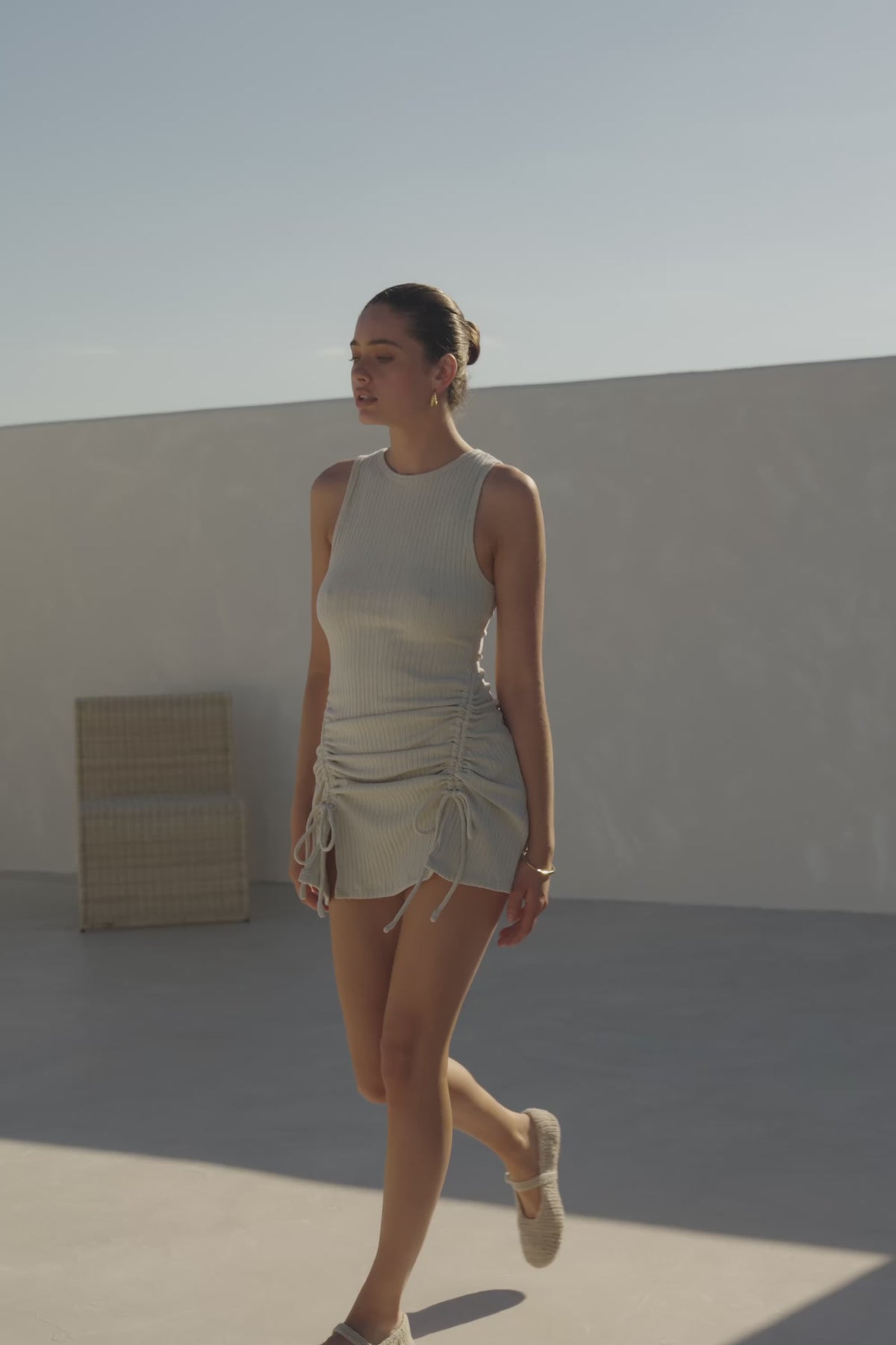 Grey Ribbed Ruched Tie Mini Fae Dress