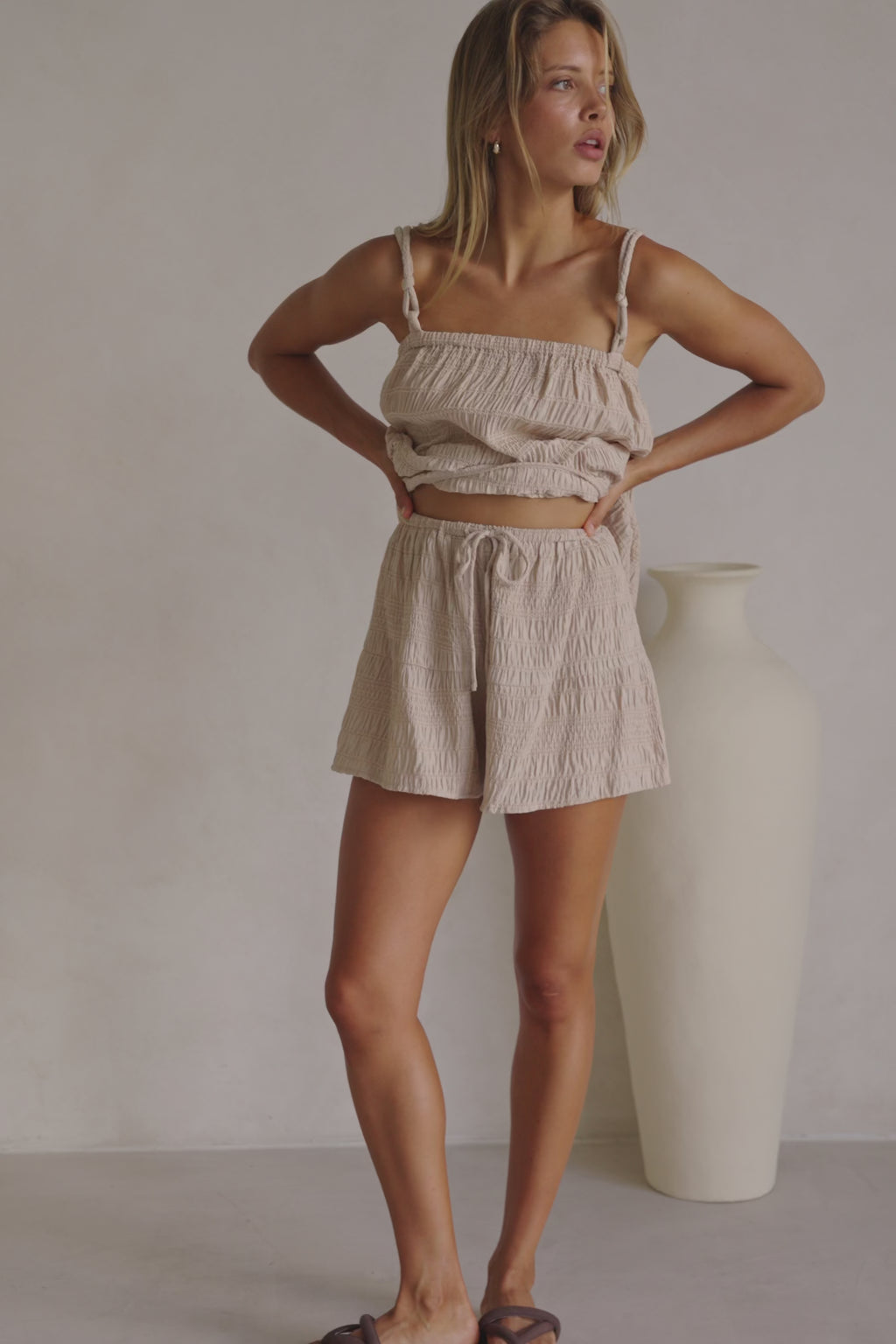 Beige Ruched Elastic Drawstring Amina Shorts