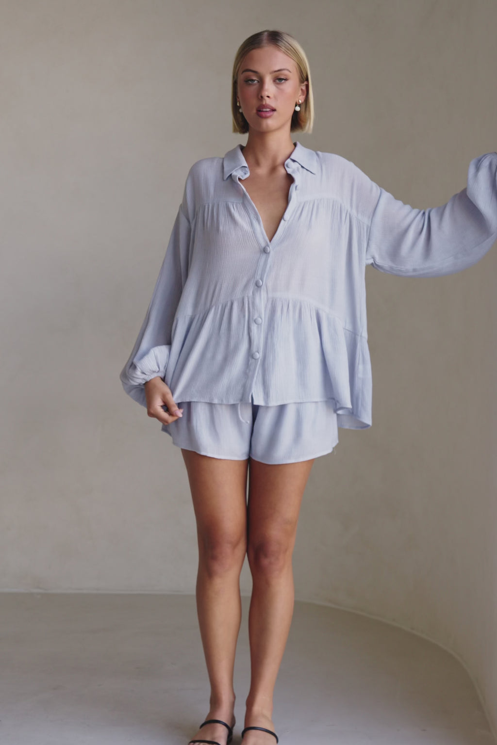 Baby Blue Long Sleeve Button Up Panel Huxley Top