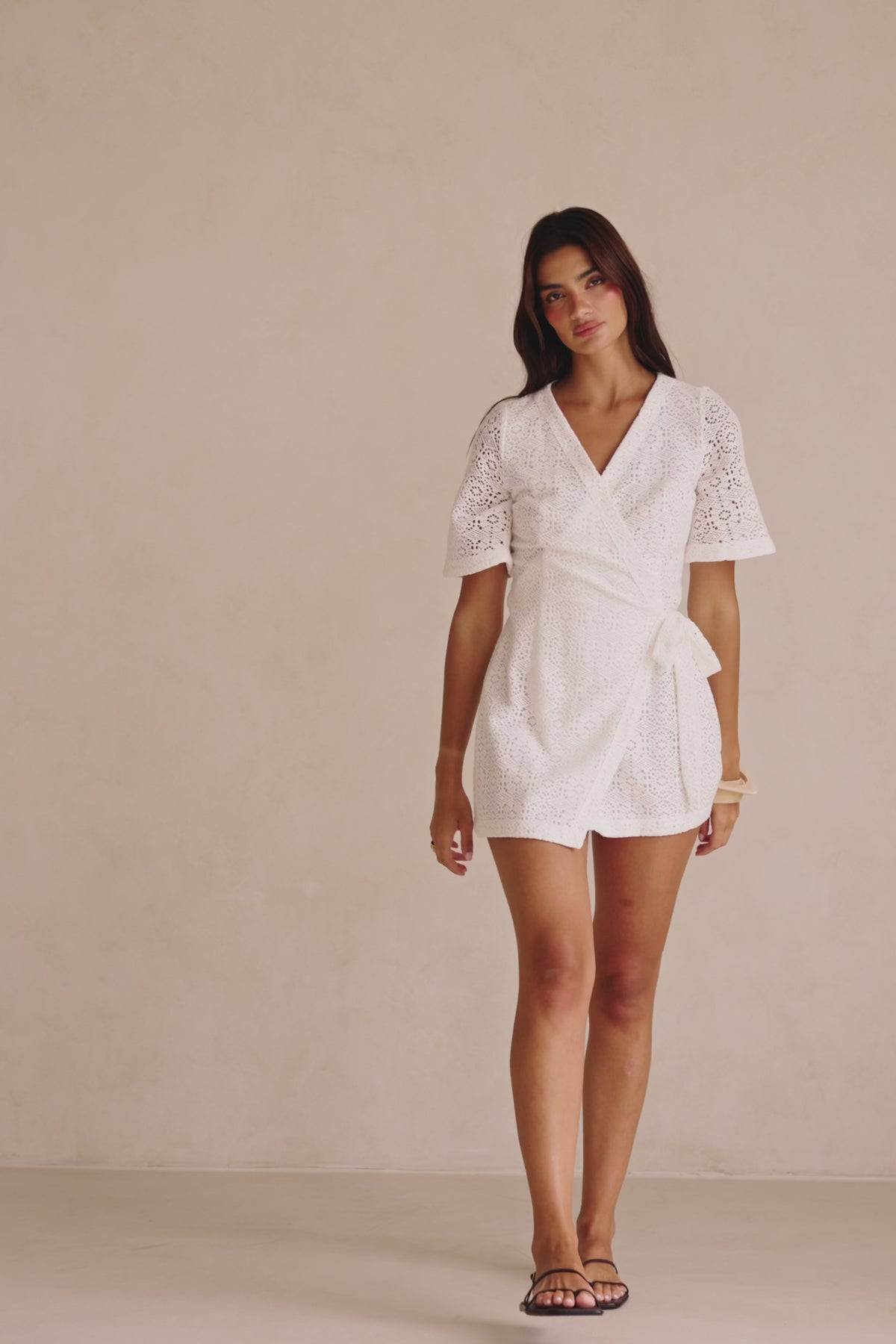 White Short Sleeve Wrap Mini Eliza Dress
