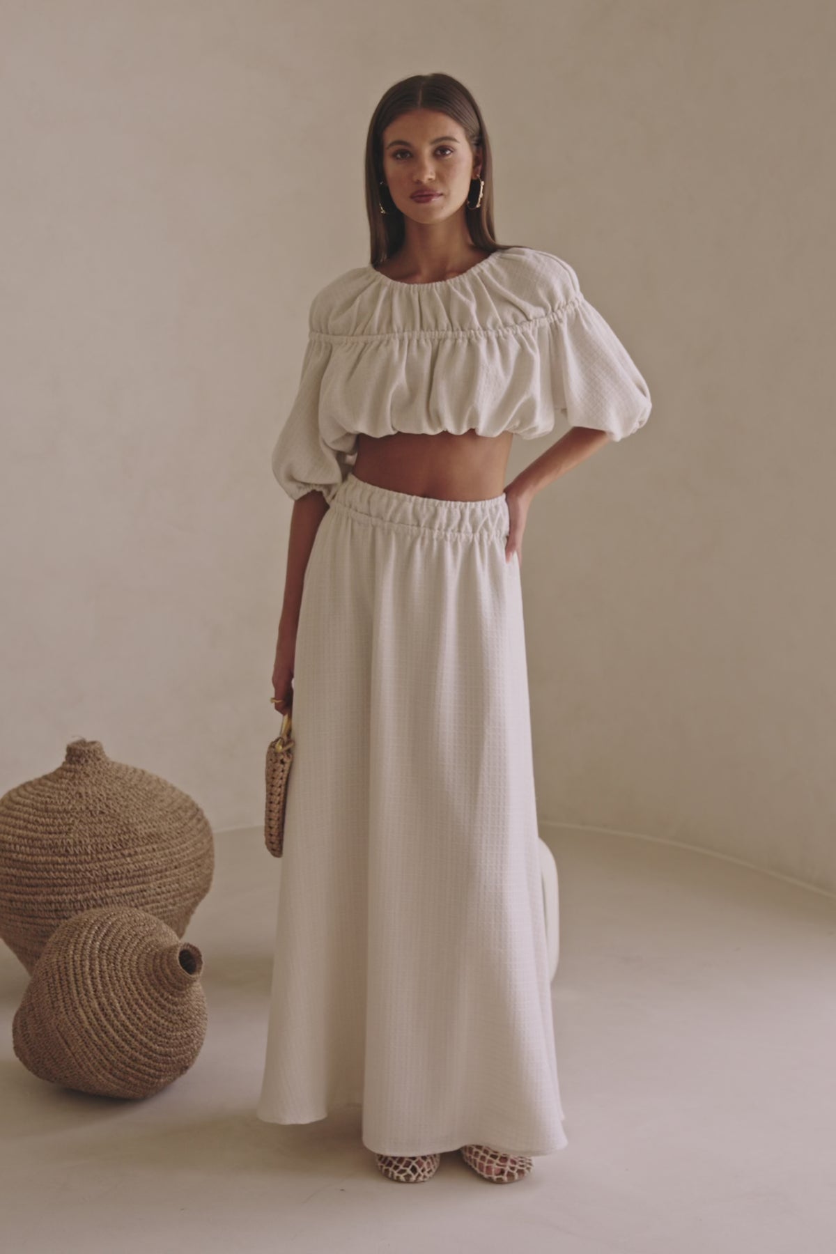 Beige Ruched A Line Maxi Astra Skirt