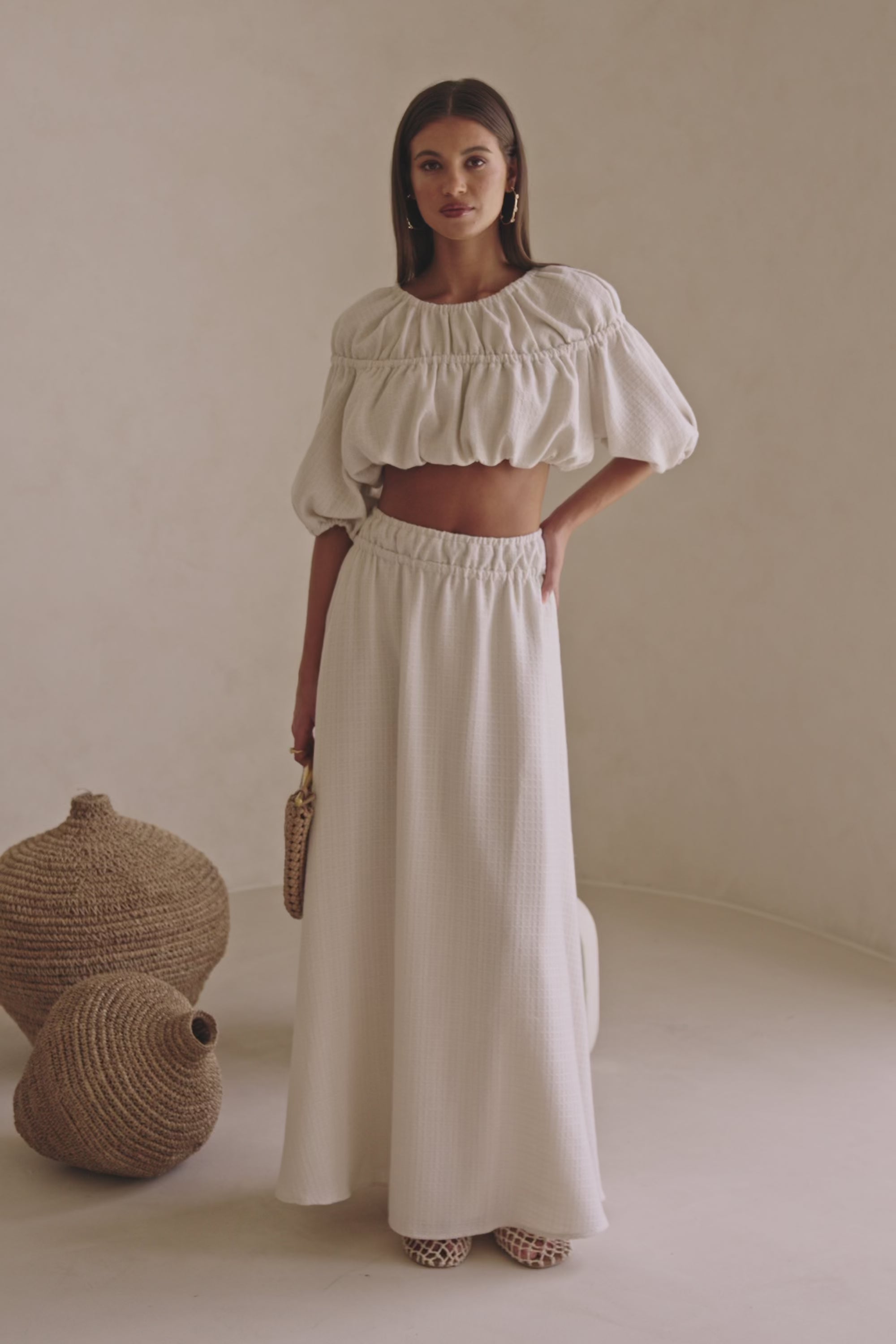 Beige Ruched A Line Maxi Astra Skirt