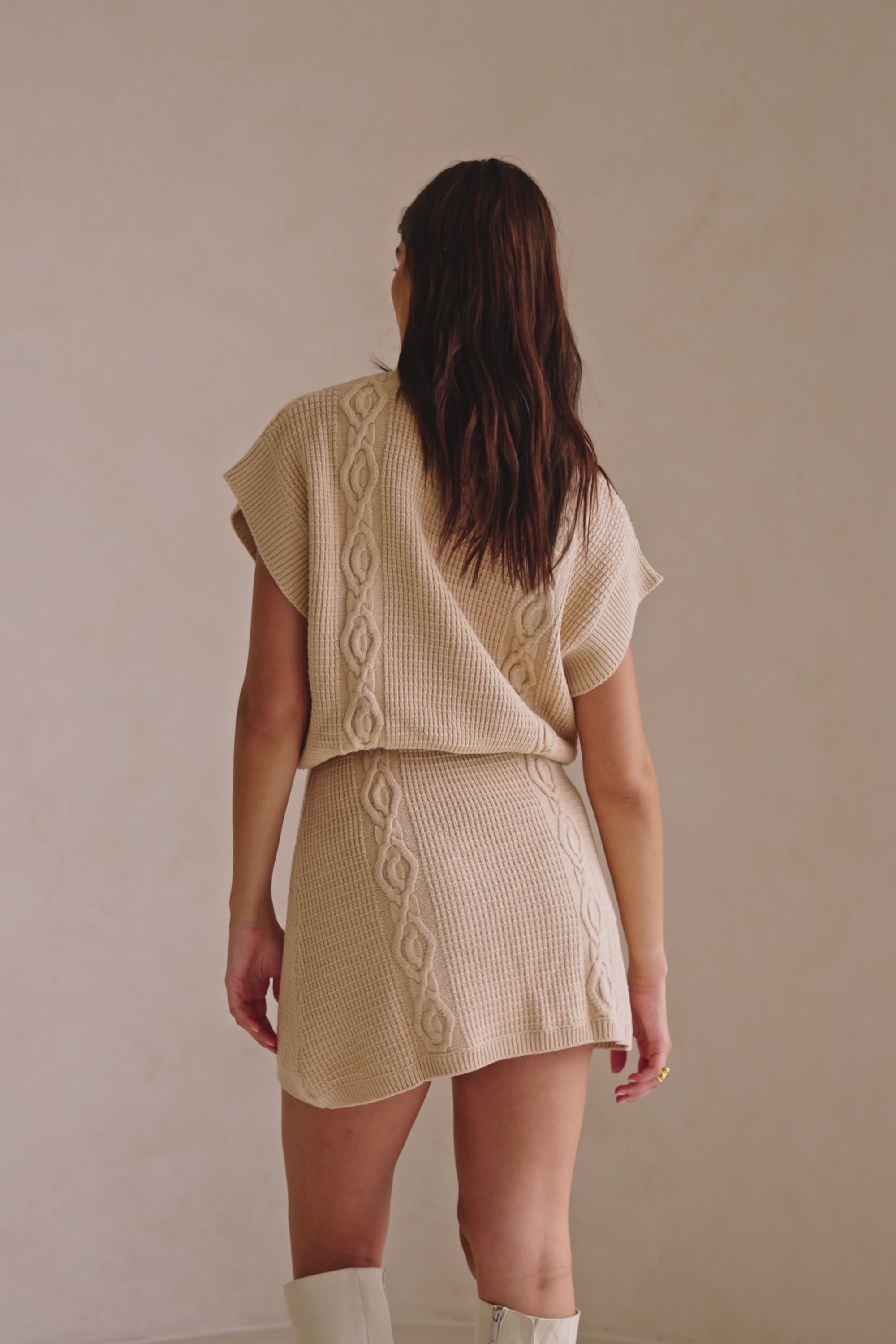 Tan Knit Short Sleeve Mini Saphira Dress