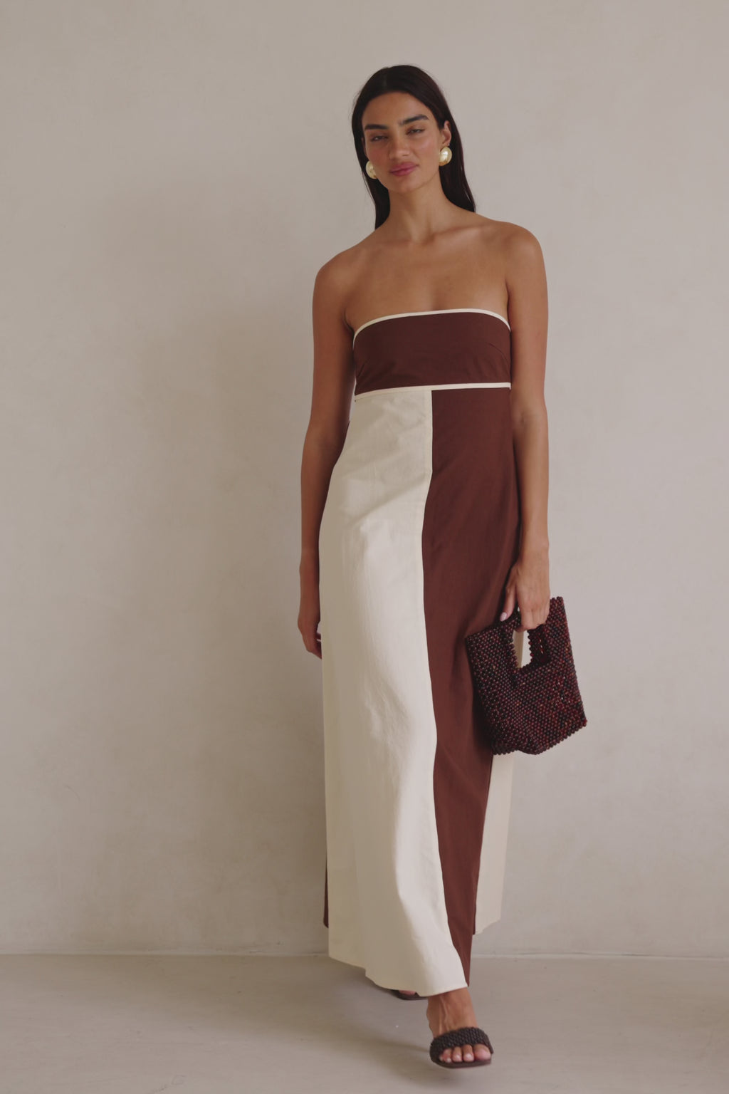 Cream and Brown Strapless Maxi Stormi Dress
