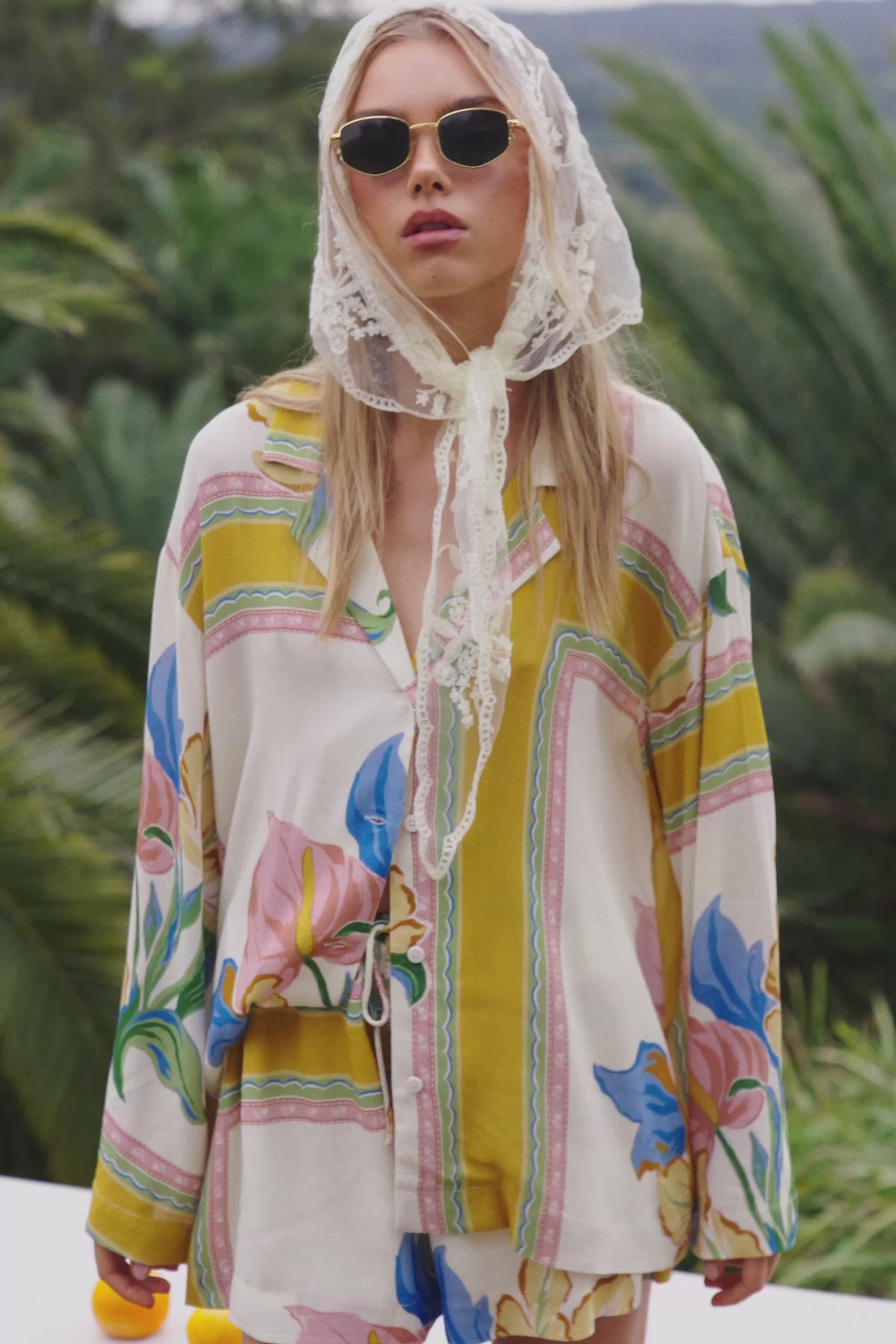 White and Yellow Botanique Drawstring Keziah Shorts