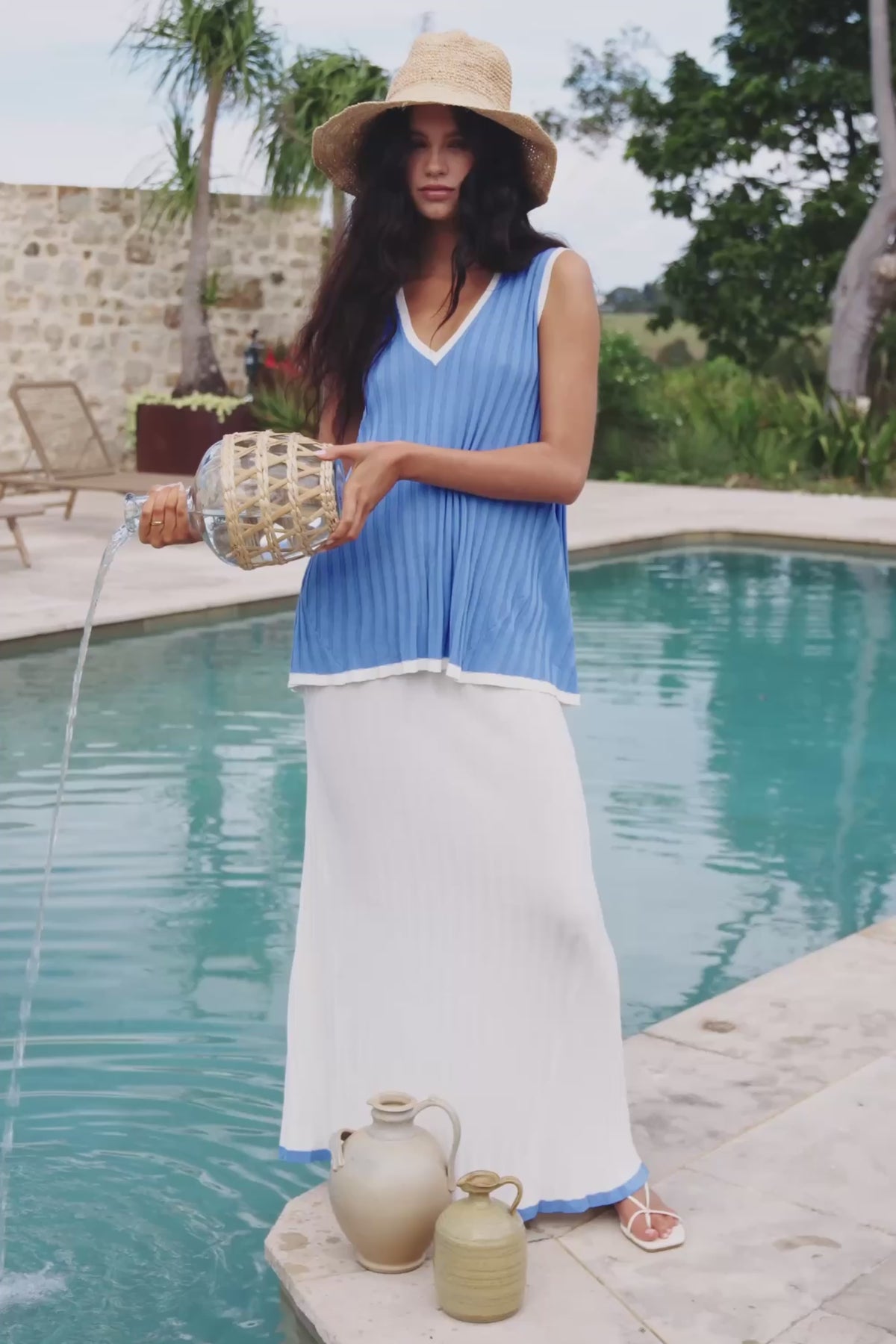White and Blue Ribbed V Neck Silla Top