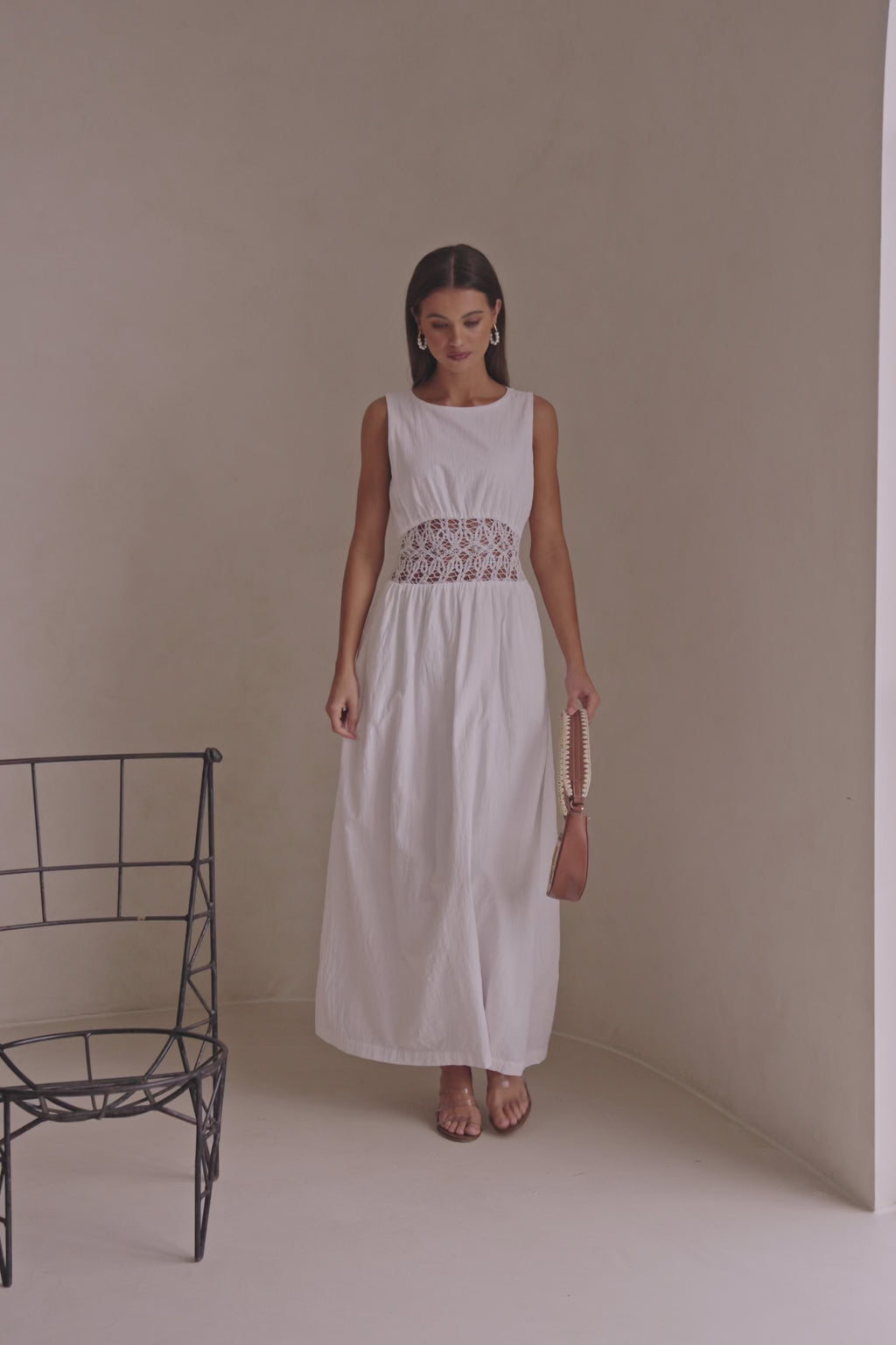 White Cotton Lace Gathered Maxi Cora Dress