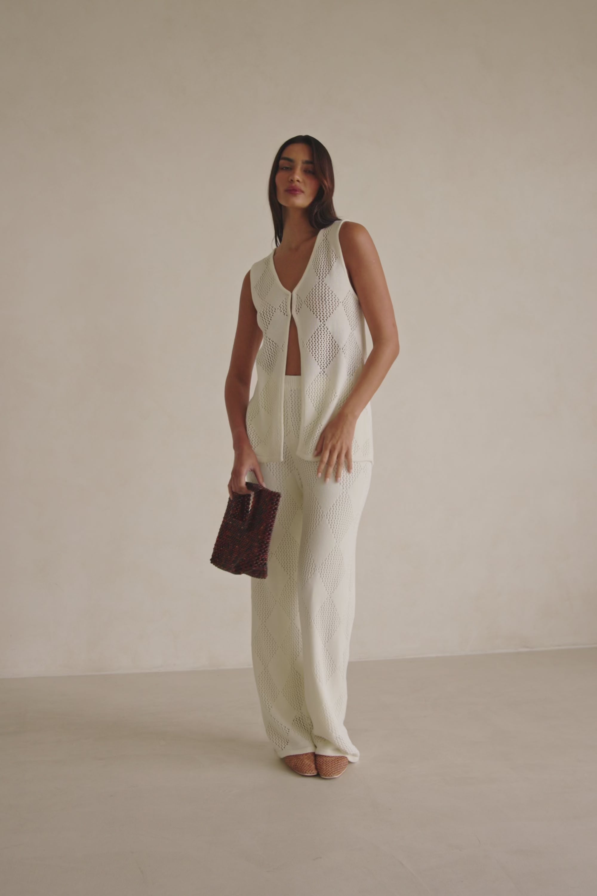 Cream Knit Elastic High Waist Blanca Pants