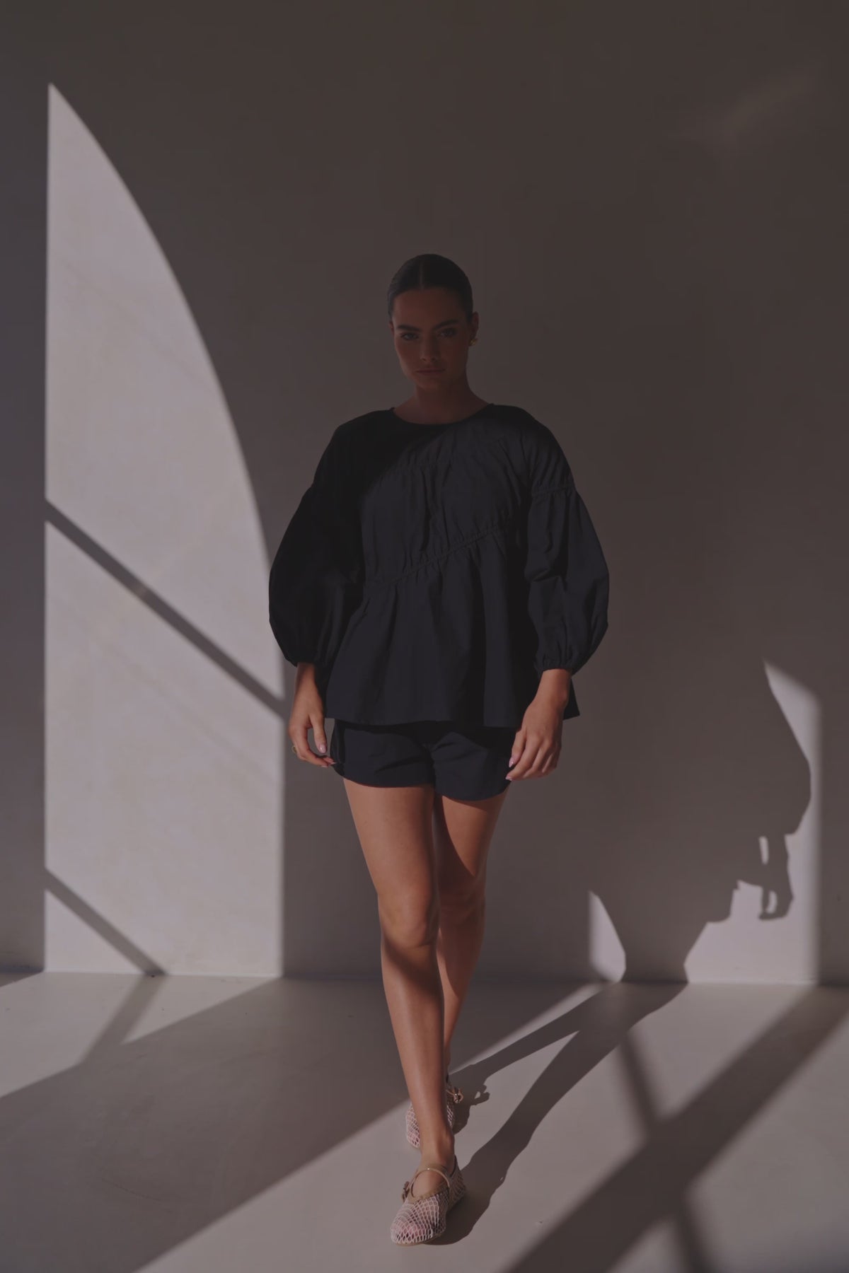 Black Long Sleeve Panelled Flounce Akel Top