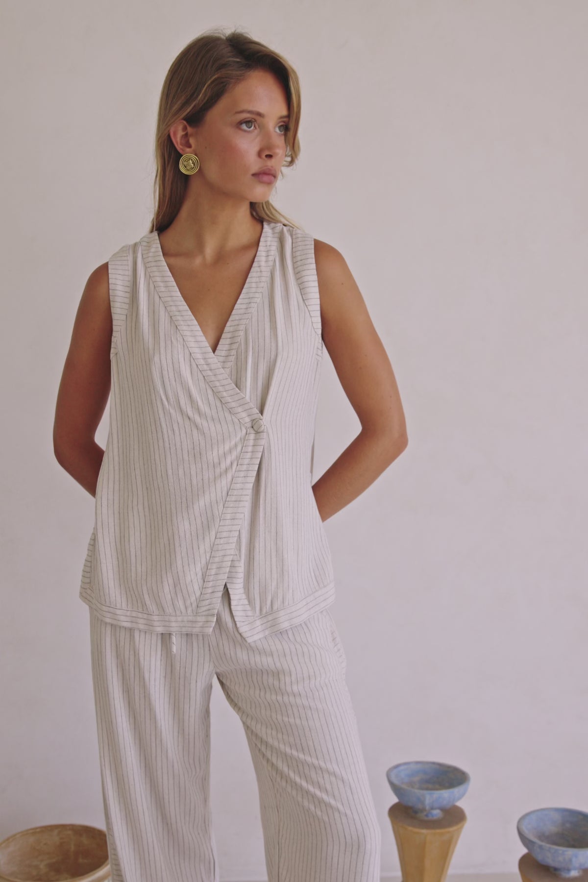 Cream and Black Pinstripe Wrap Capri Top