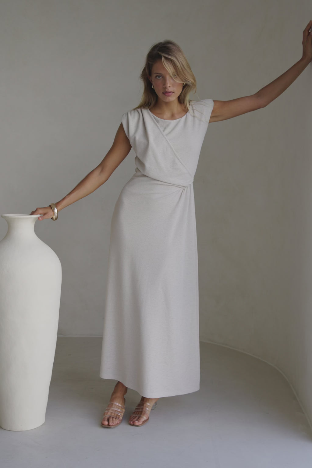 Beige Off Shoulder Ruched Maxi Juno Dress