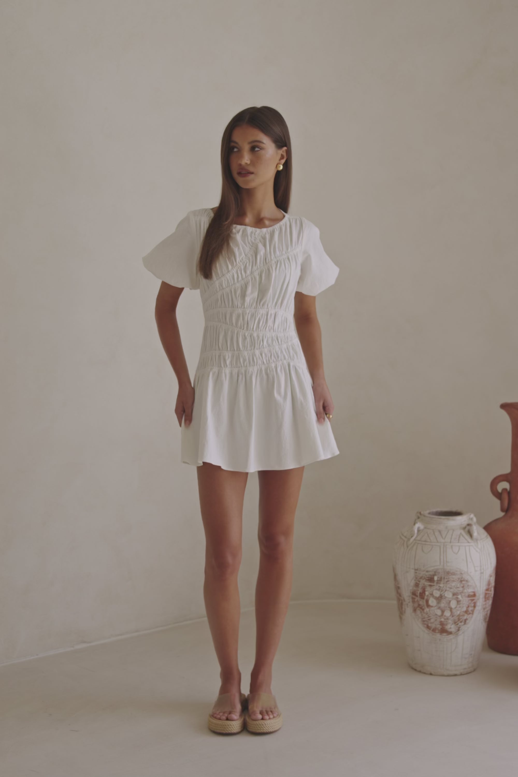 White Cotton Ruched Mini Lou Dress