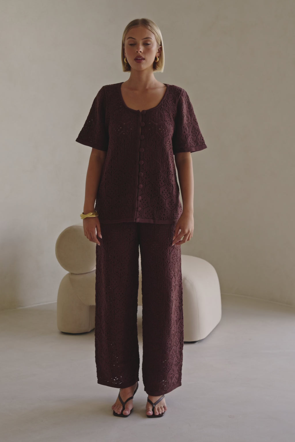 Brown Crochet Knit Button Up Umiko Top