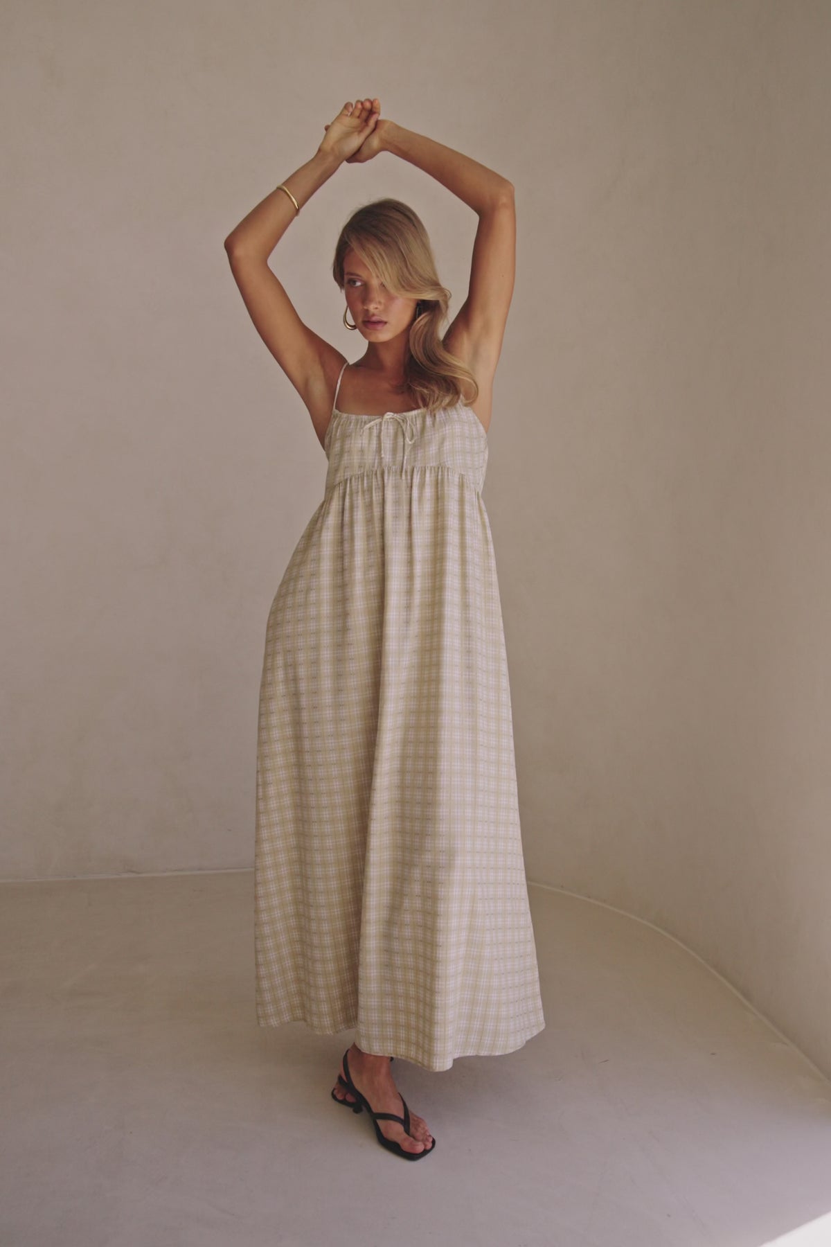 Khaki Gingham Strappy Maxi Lissa Dress