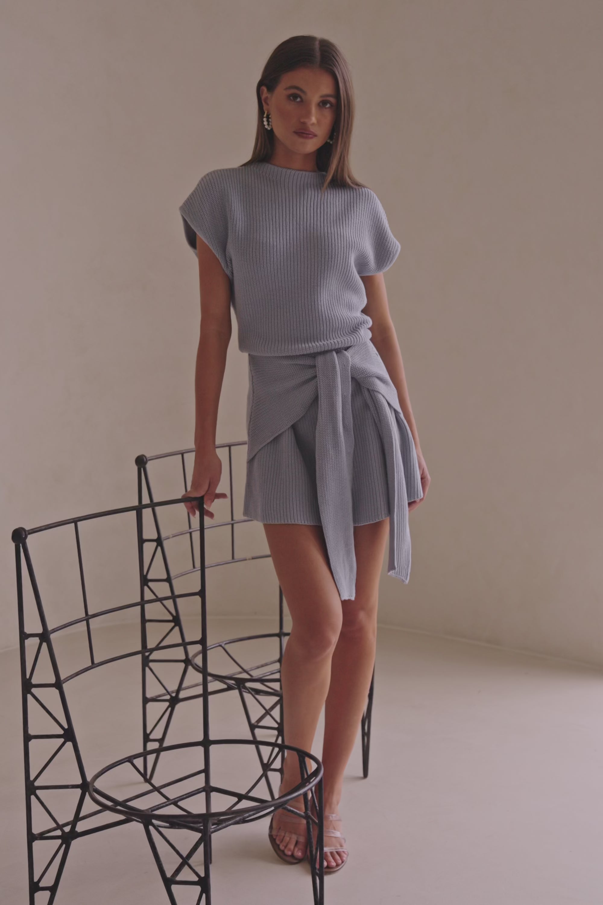 Blue Cotton Knit Draped Mini Lovina Dress