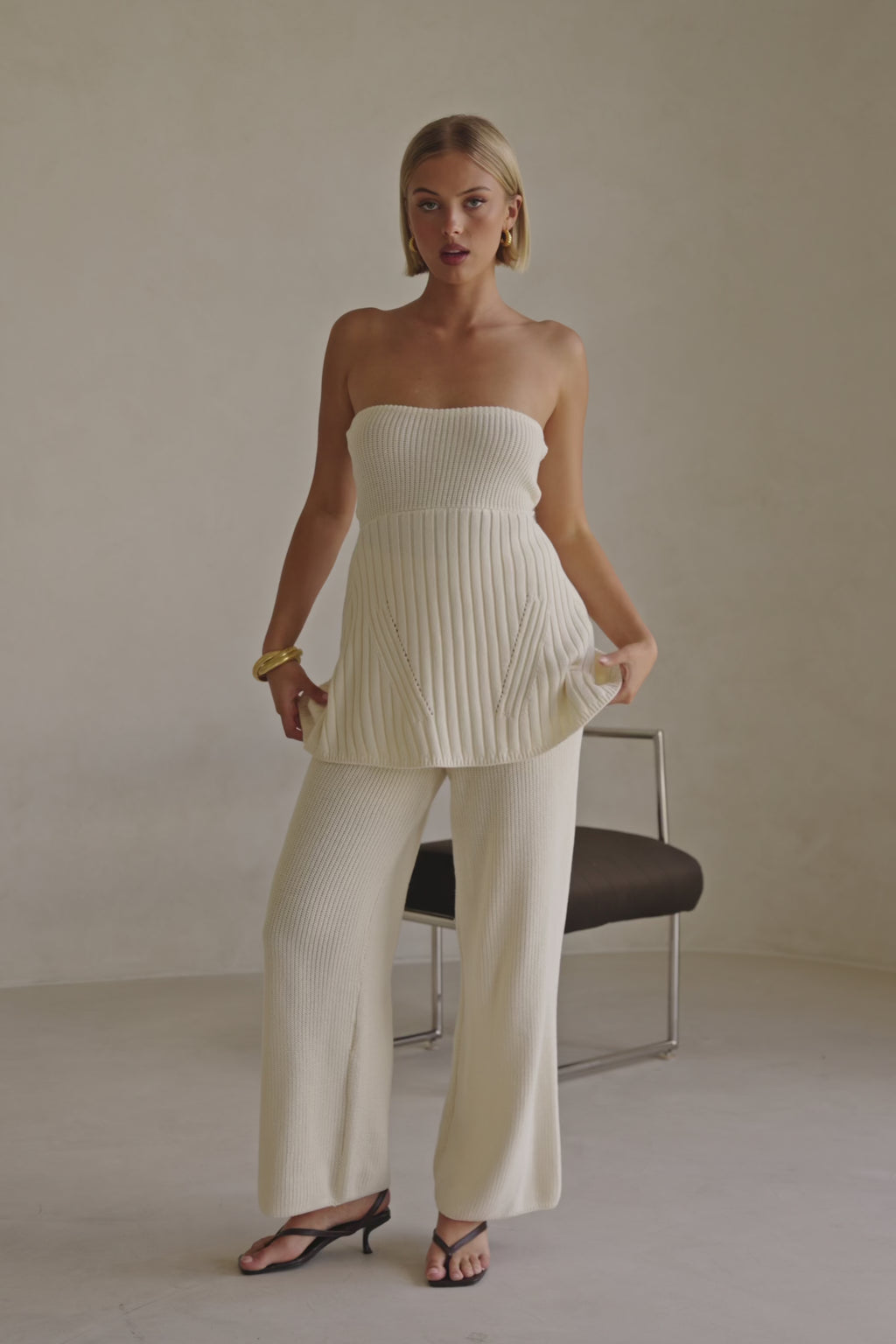 Cream Ribbed High Waist Alice Pants