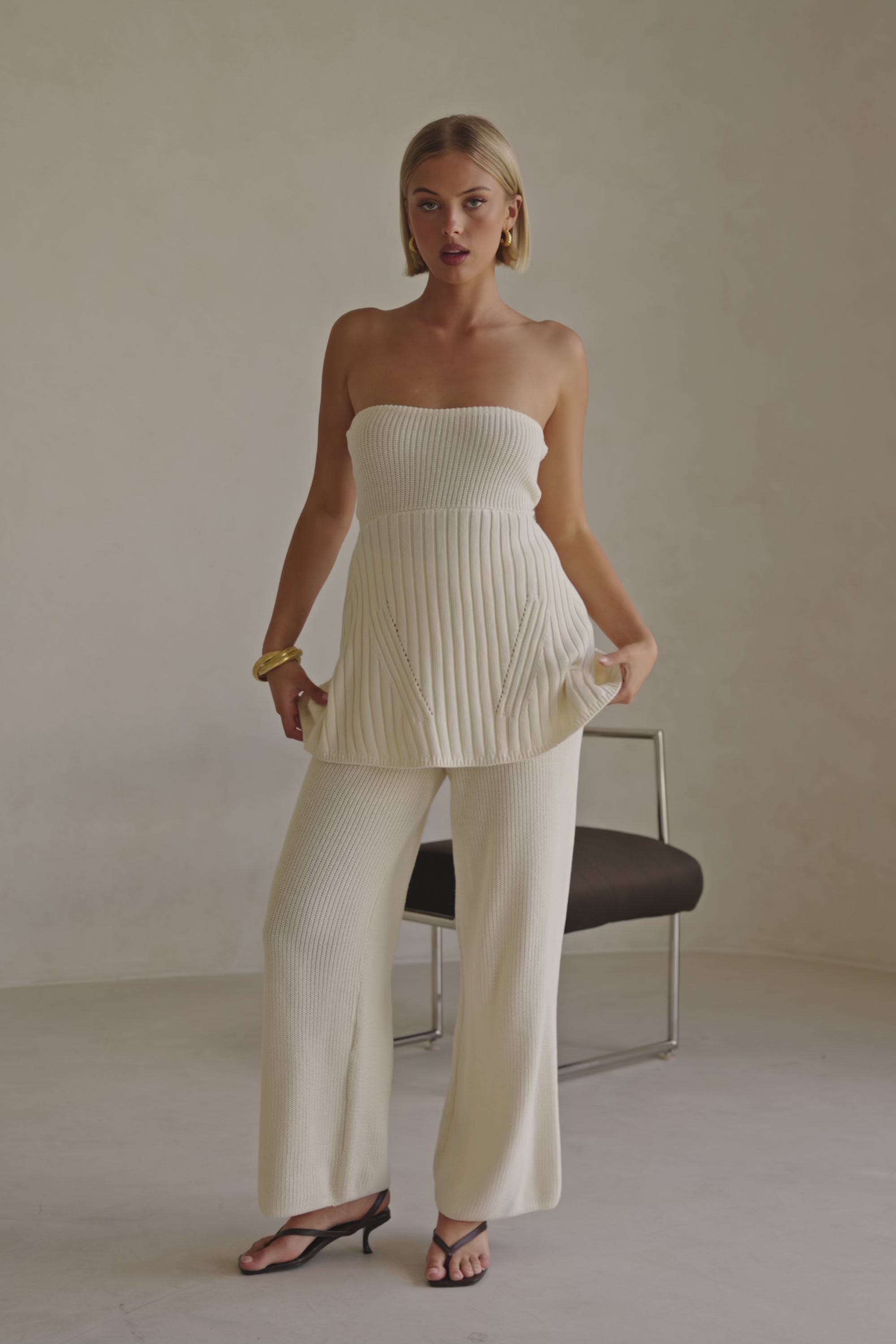 Cream Ribbed High Waist Alice Pants