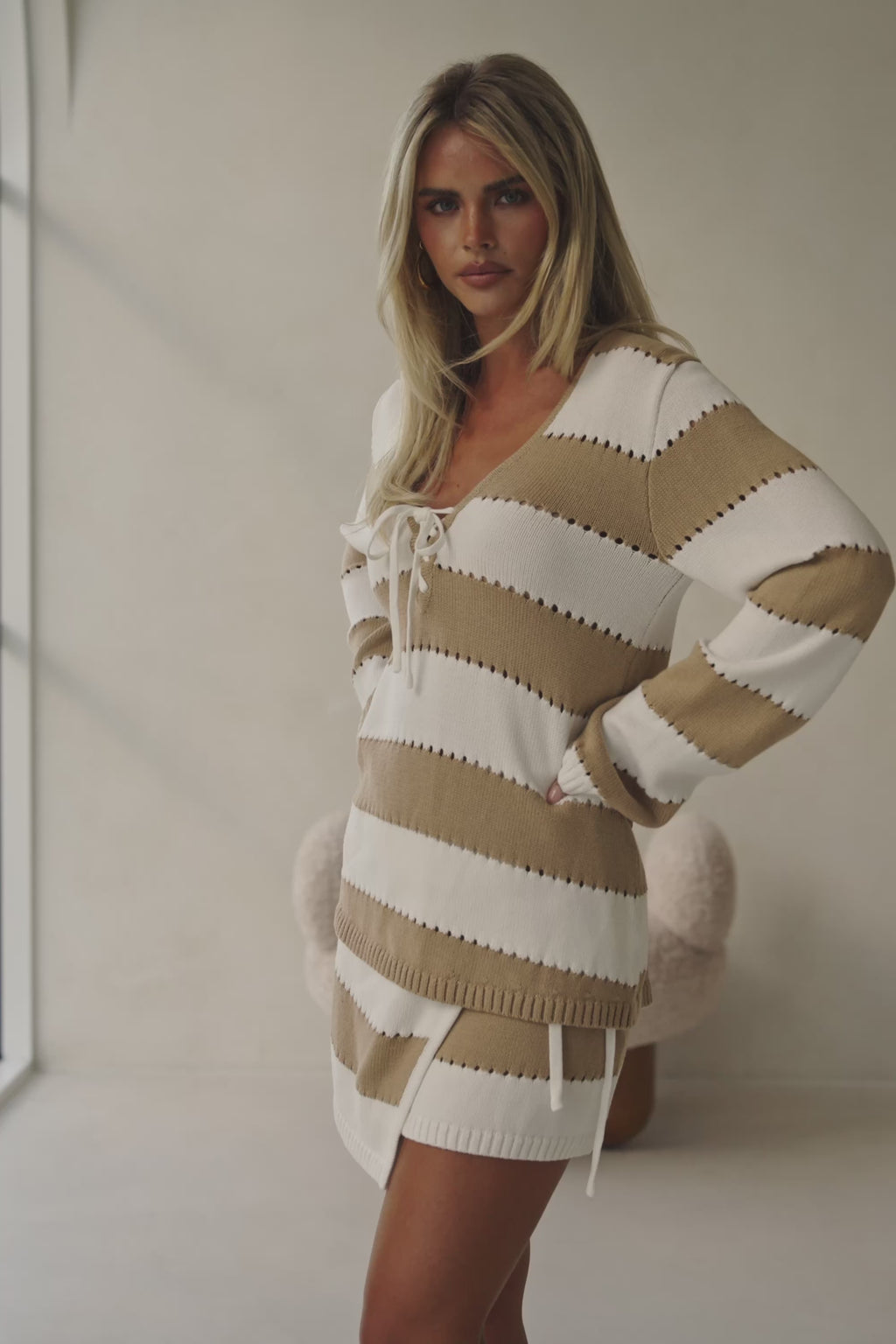 Tan and White Striped Knit Wrap Mini Akora Skirt