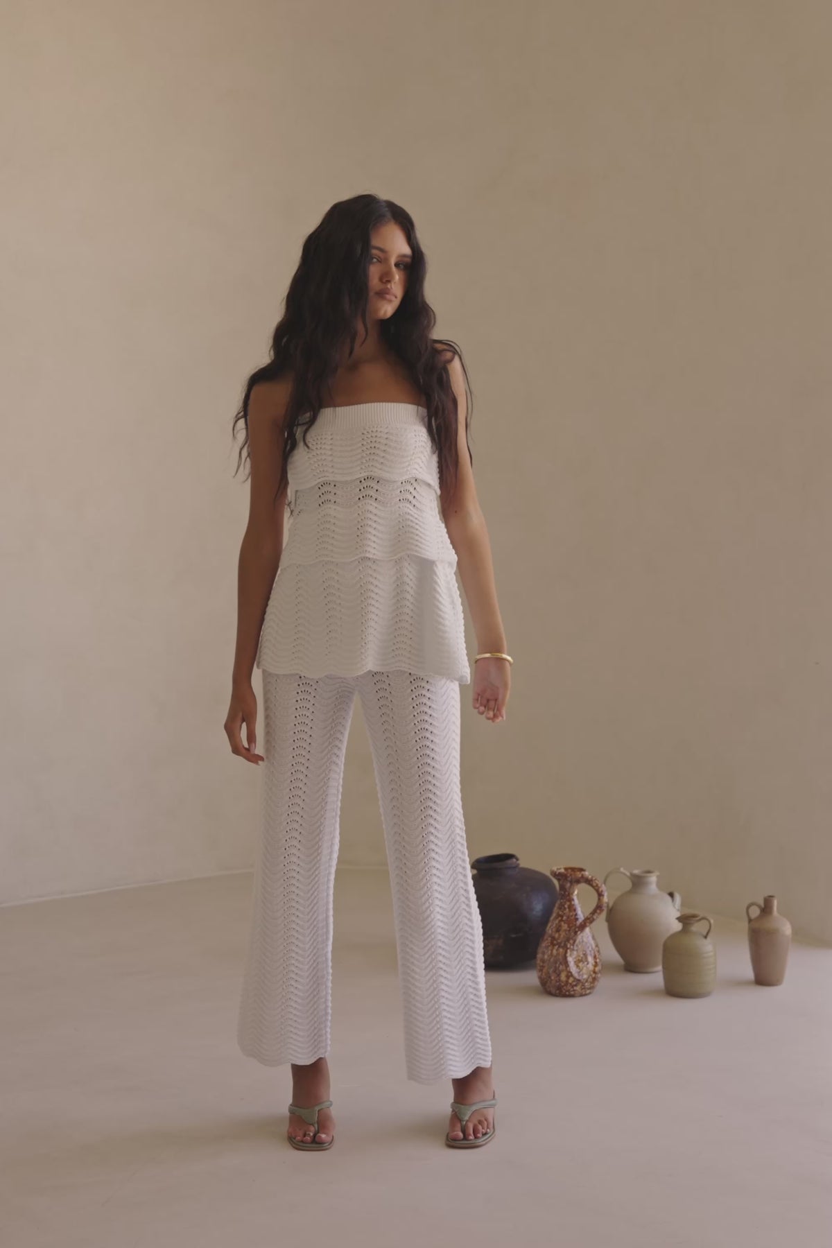 White Wave Knit High Waist Kama Pants
