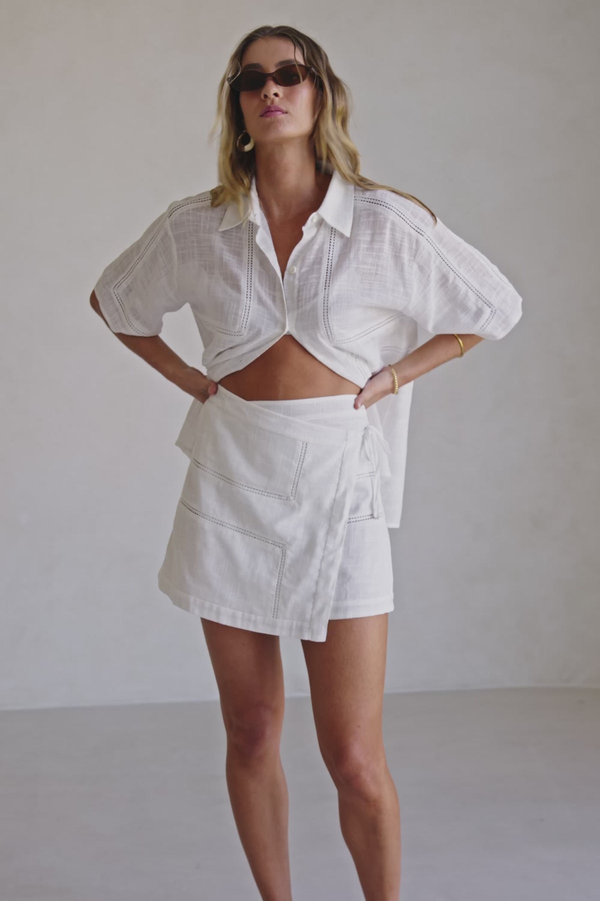 White Button Up Short Sleeve Founce Elodie Top