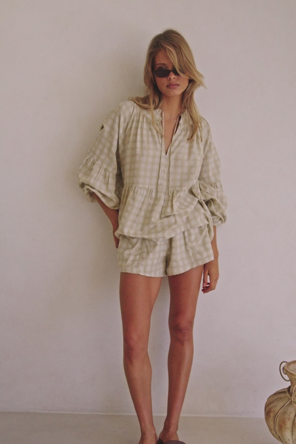 Khaki Gingham Flouncy Puff Sleeve Rylia Top
