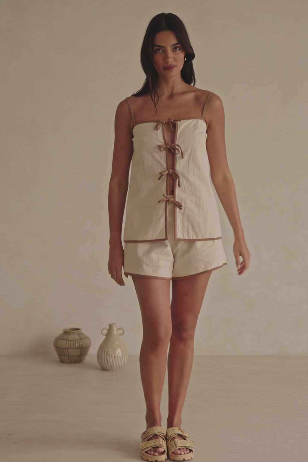 Beige High Waist Elastic Rosalina Shorts