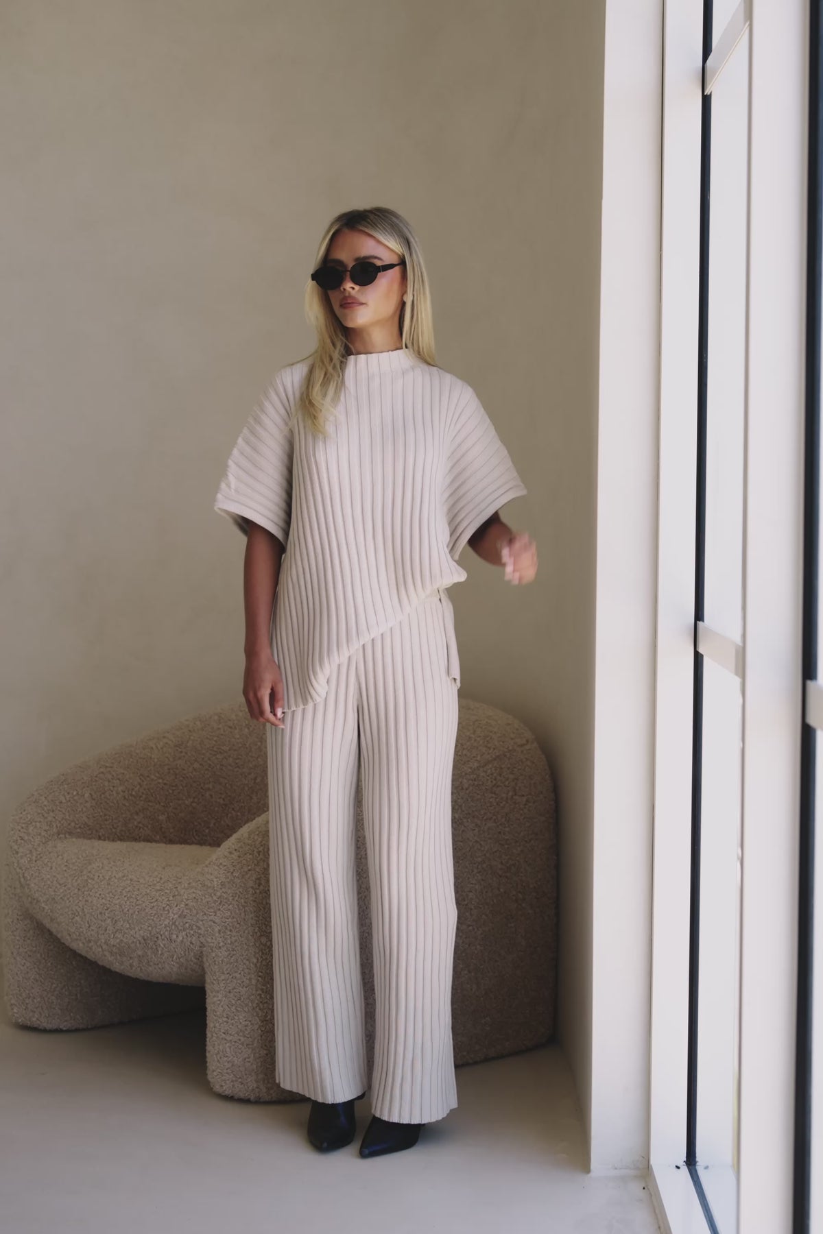Beige Sand Ribbed Knit Celine Top
