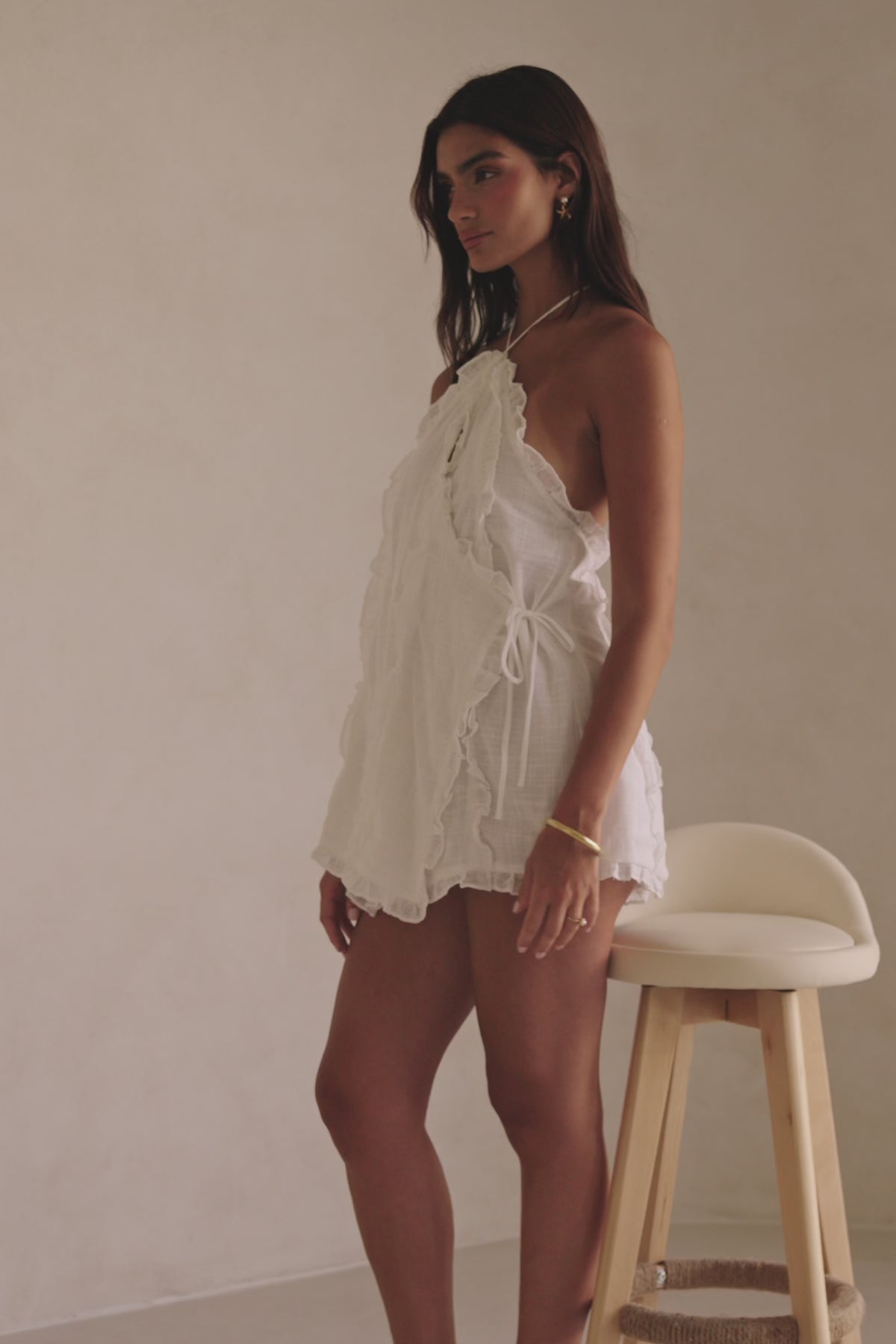 Kharli Halterneck Frill Mini Backless Wrap Dress - White