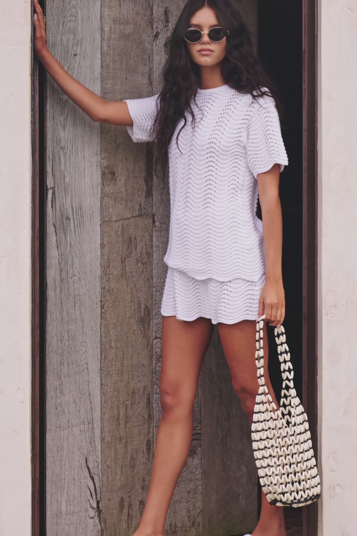 White Wave Knit Drawstring Mini Leah Skirt