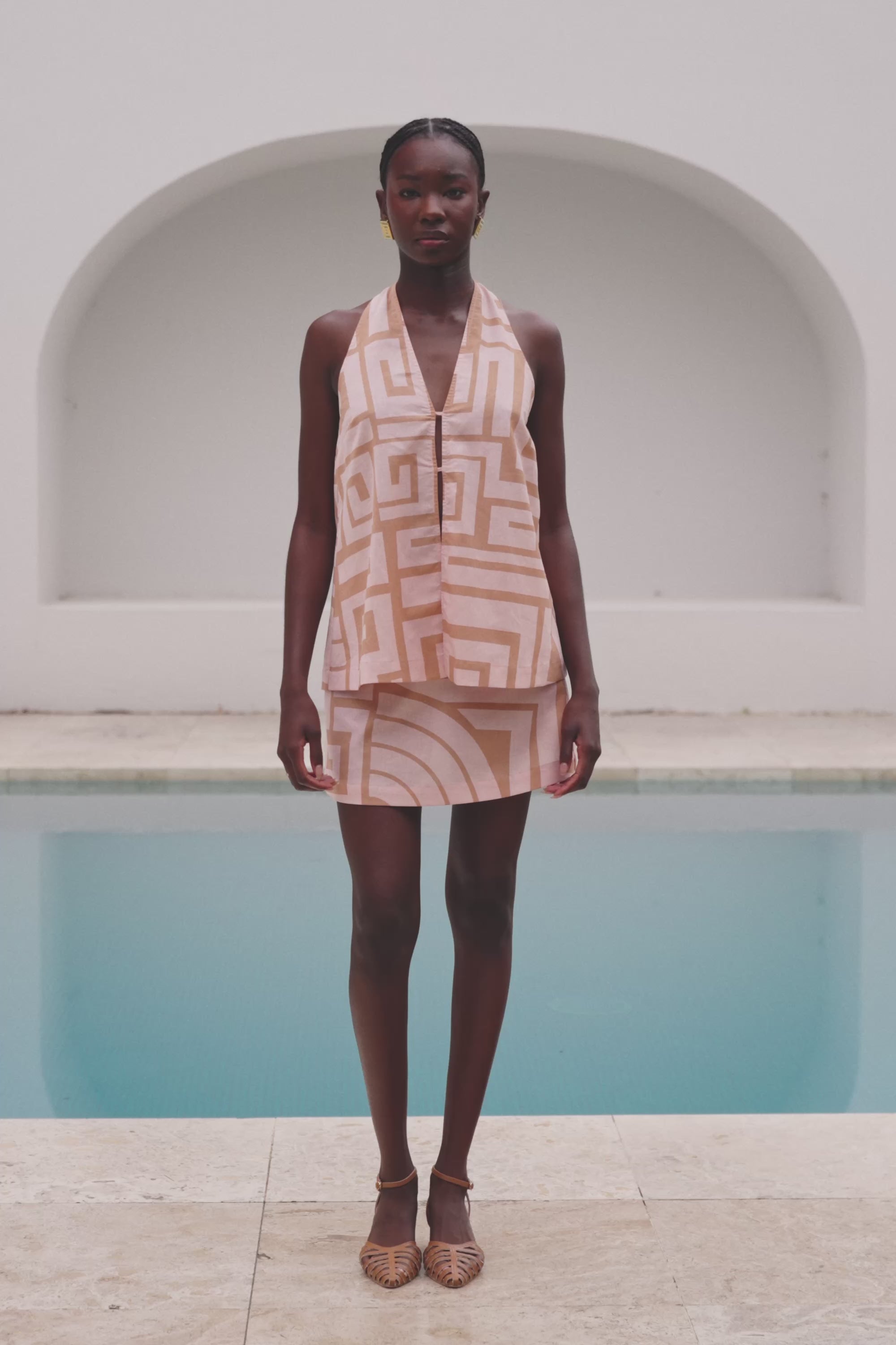 Pink Hellenic Maze Backless V-Neck Halter Mini Alora Dress
