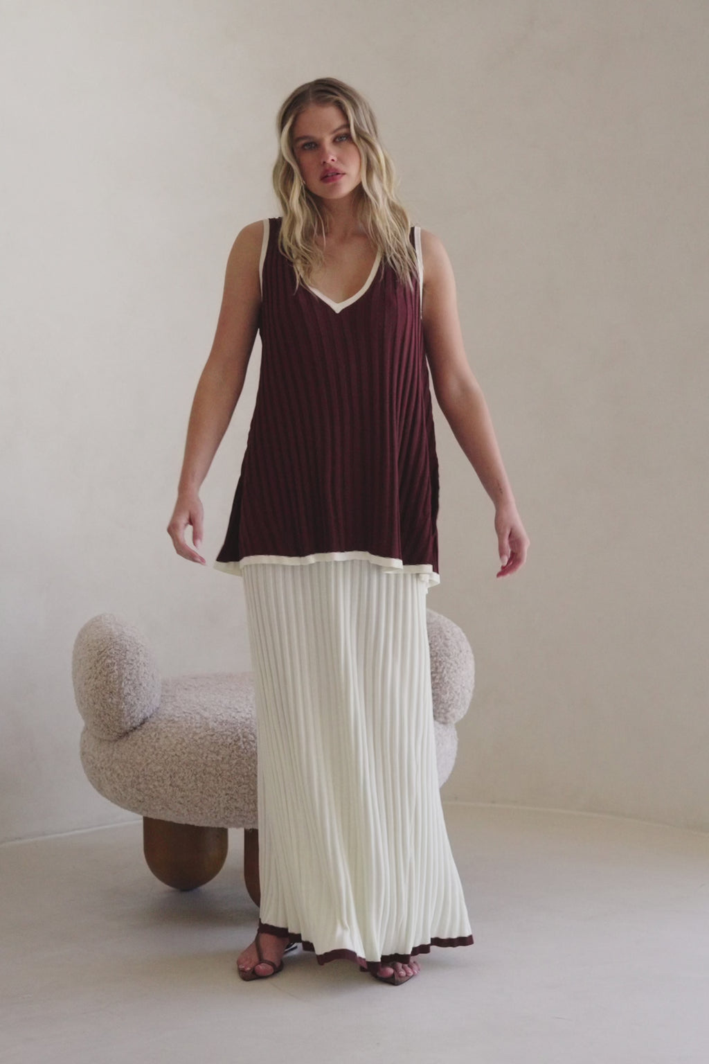 Chocolate Brown Ribbed V Neck Silla Top