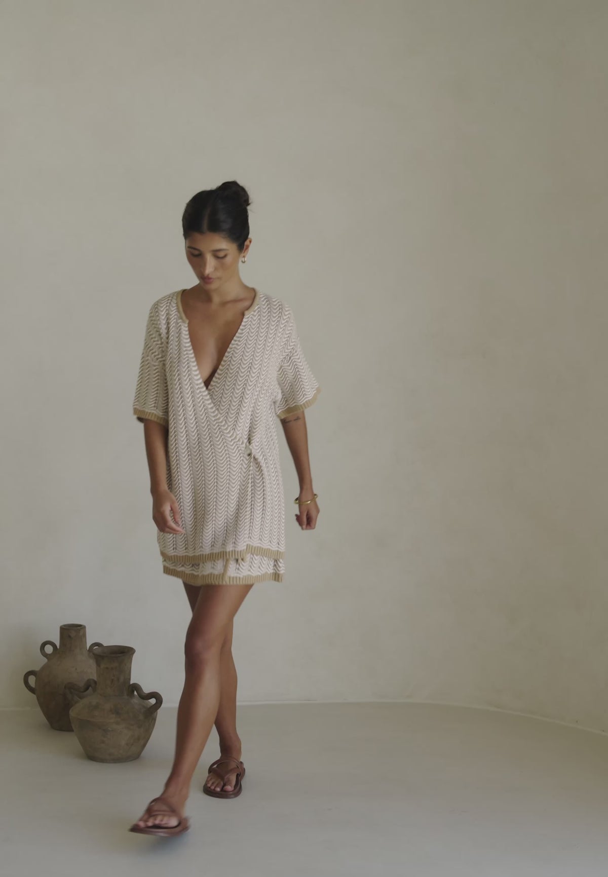 Tan Short Sleeve Button Reims Top