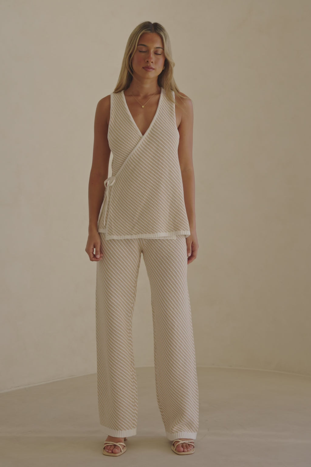 Beige and White Stripe Woven Wide Leg Billy Pants
