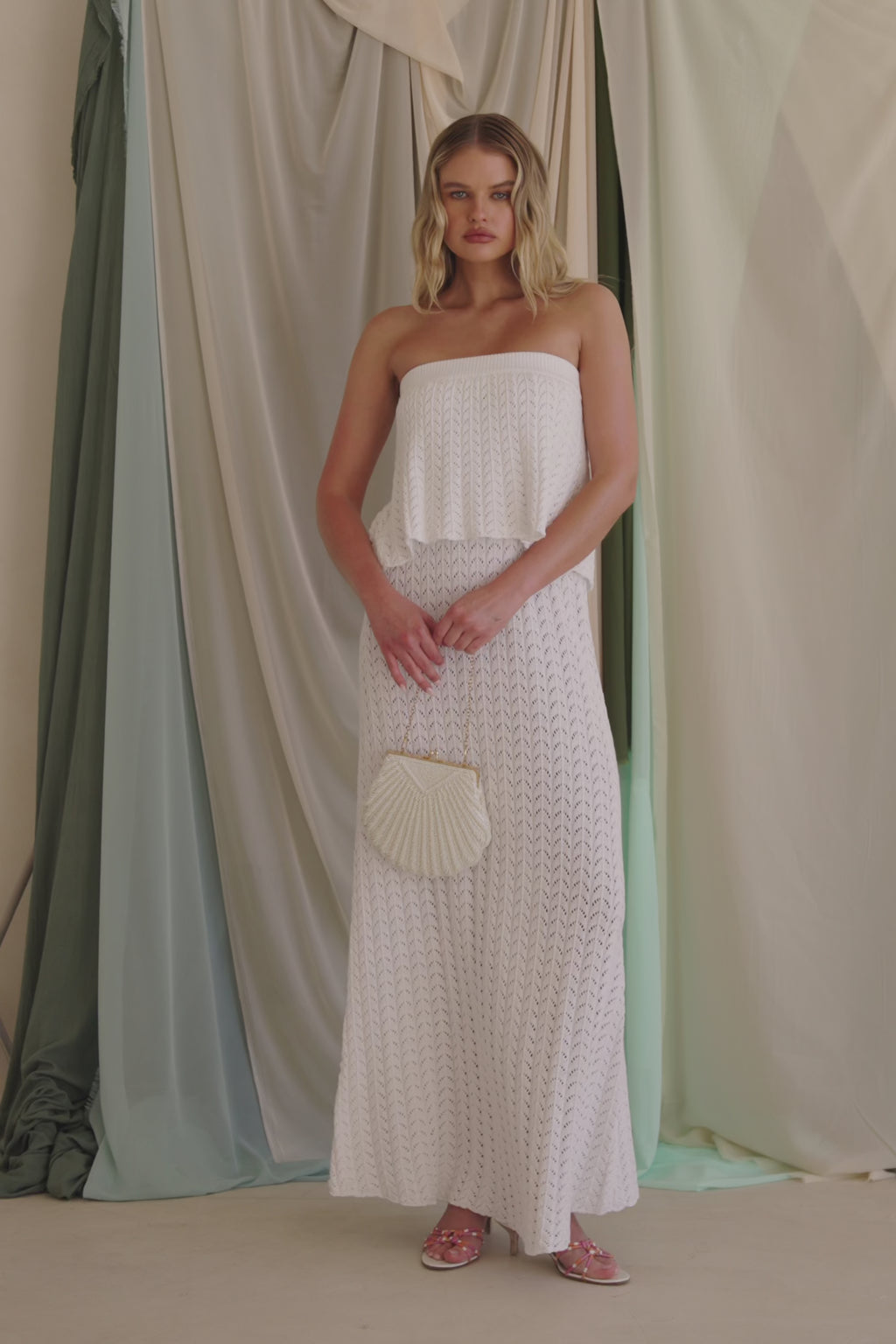 White Vintage Crochet Knit Strapless Maxi Maria Dress
