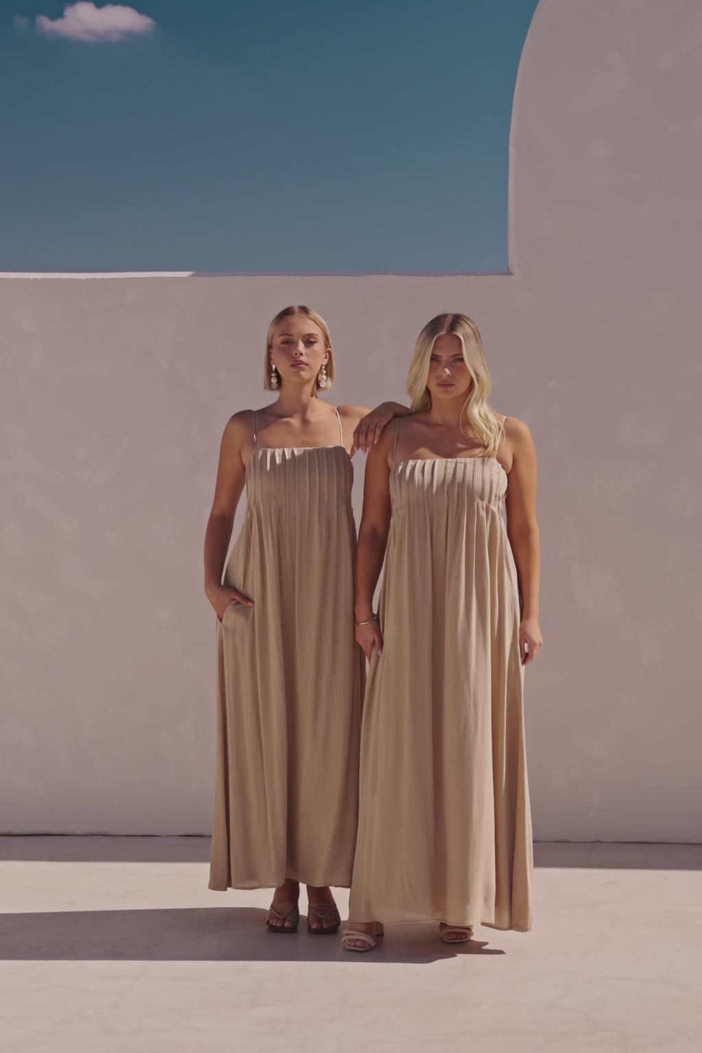 Tan Pin Tuck Pleat Maxi Ada Dress