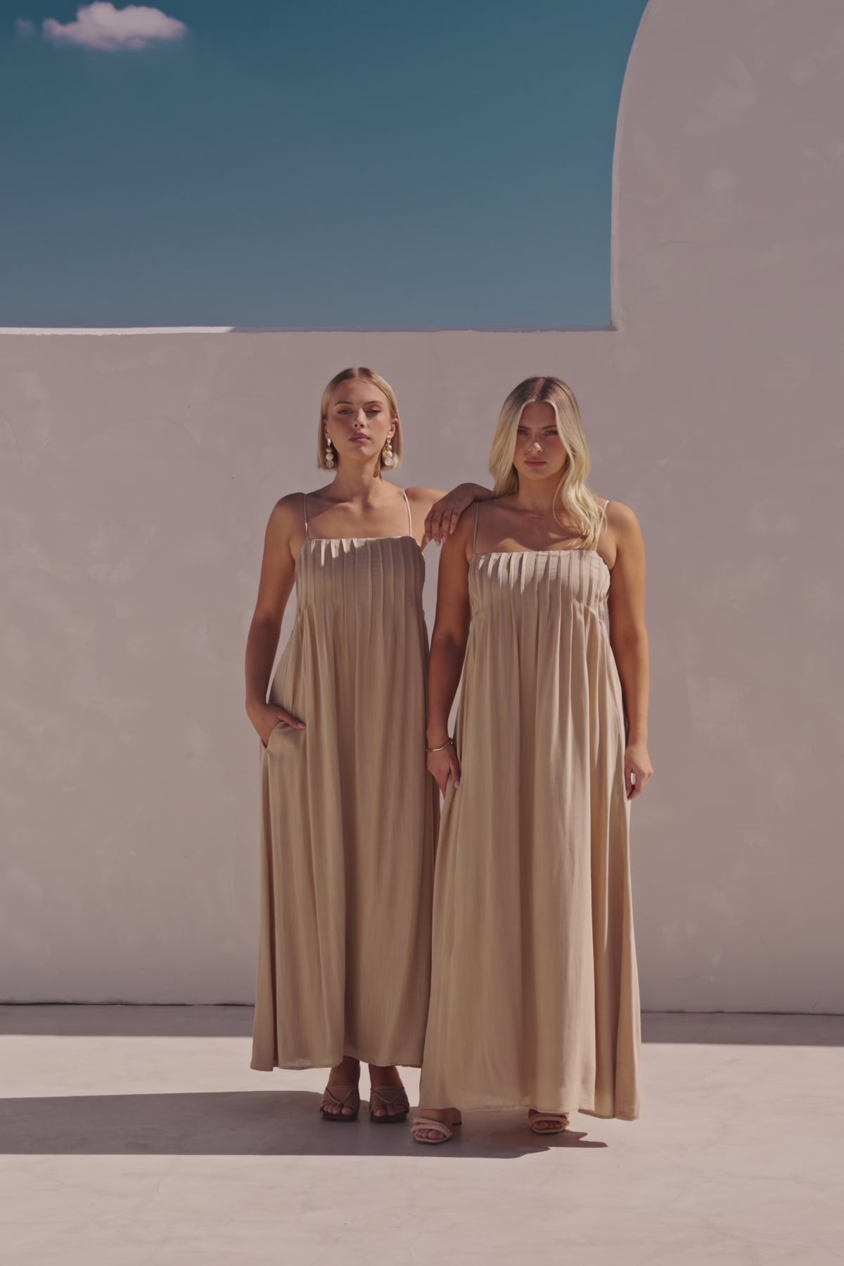 Tan Pin Tuck Pleat Maxi Ada Dress