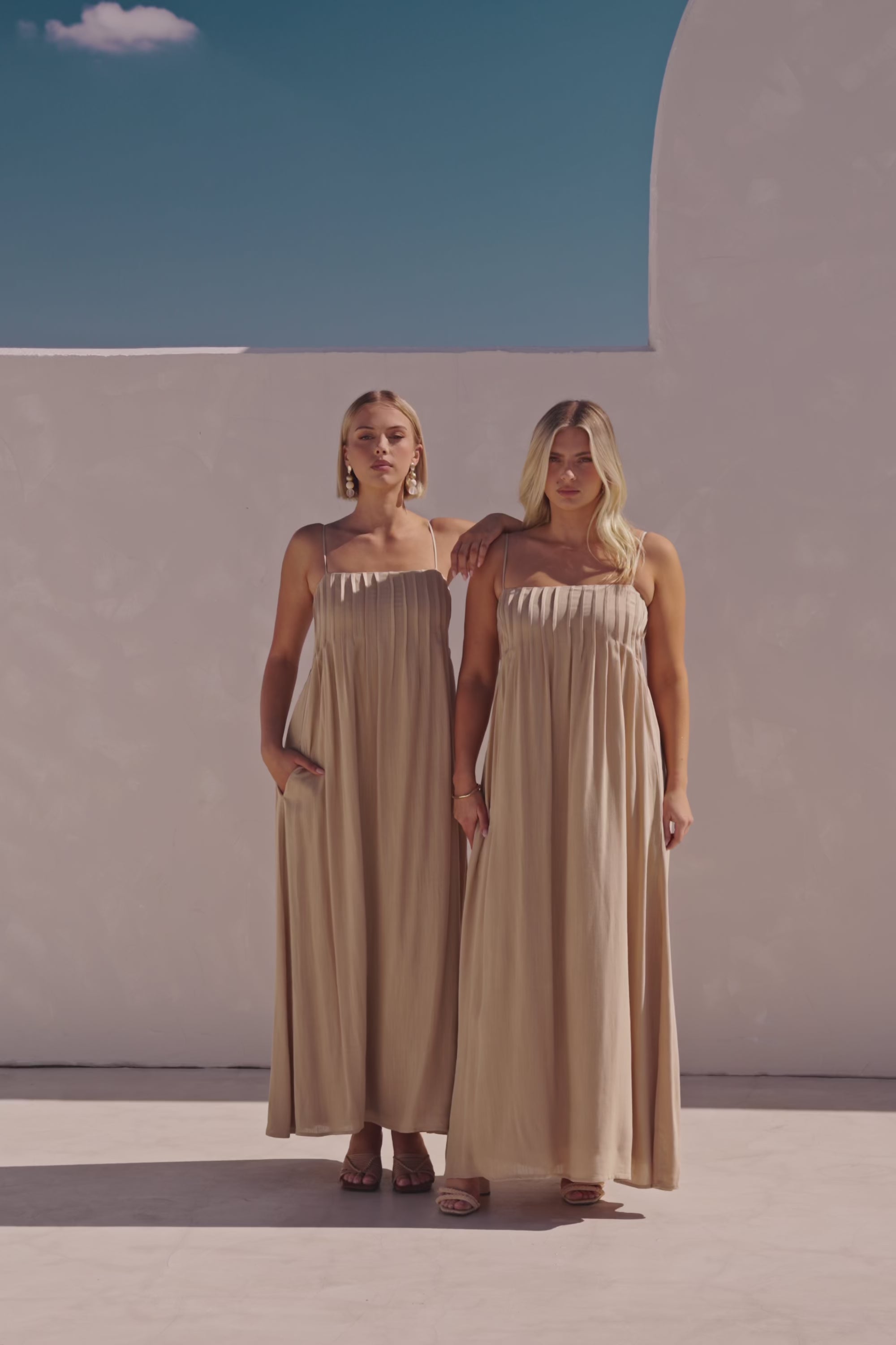 Tan Pin Tuck Pleat Maxi Ada Dress