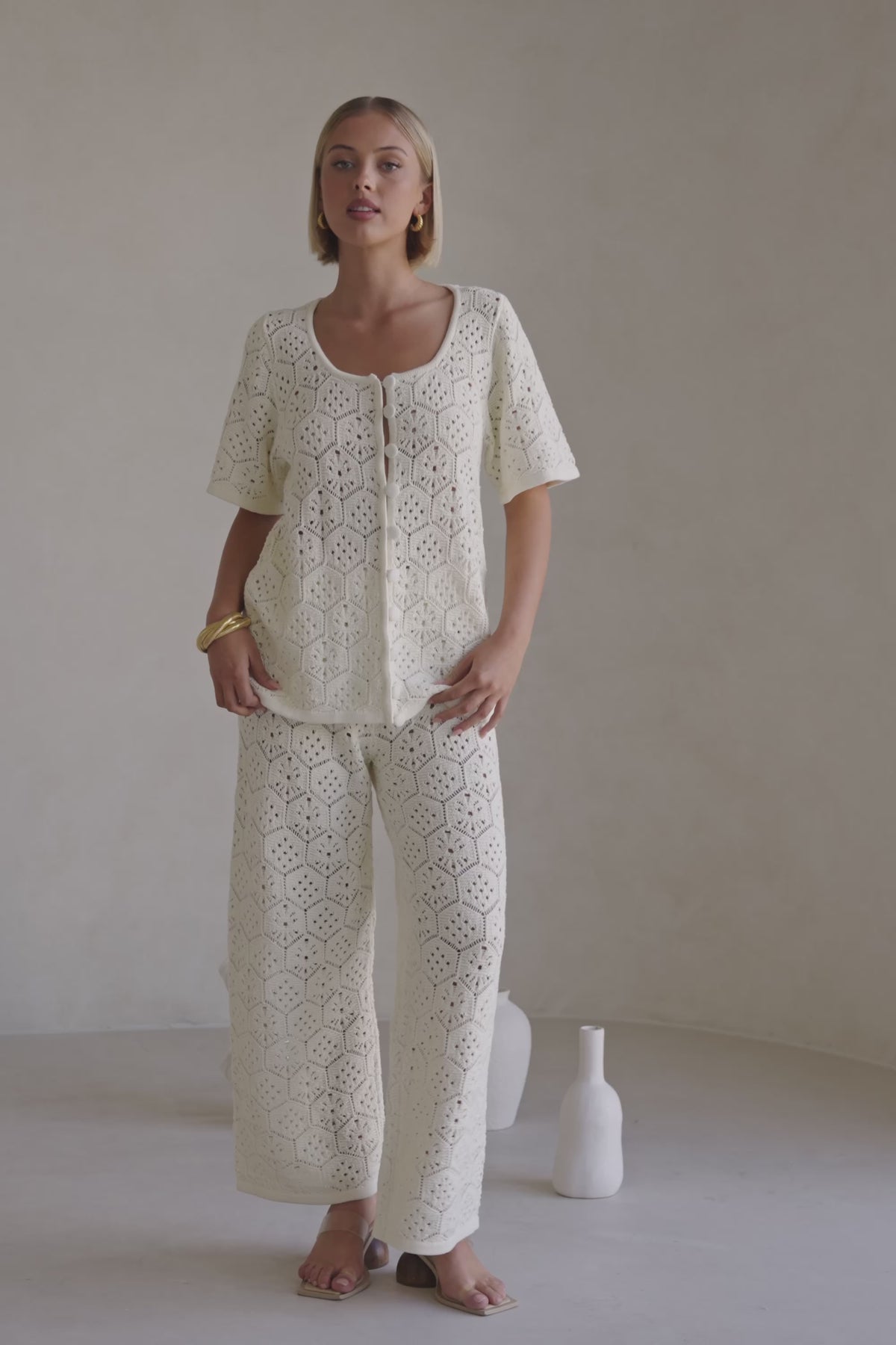 Cream Crochet Knit Button Up Umiko Top