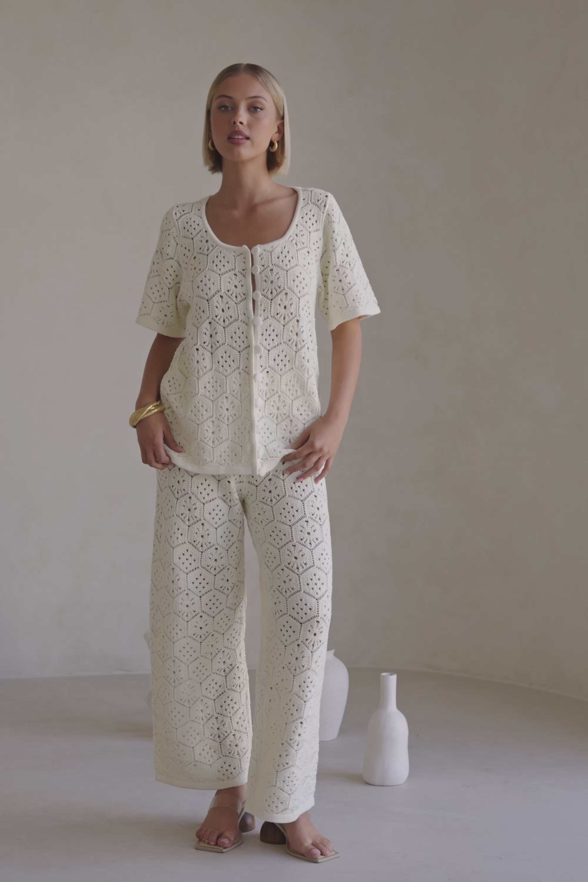 Cream Crochet Knit Button Up Umiko Top