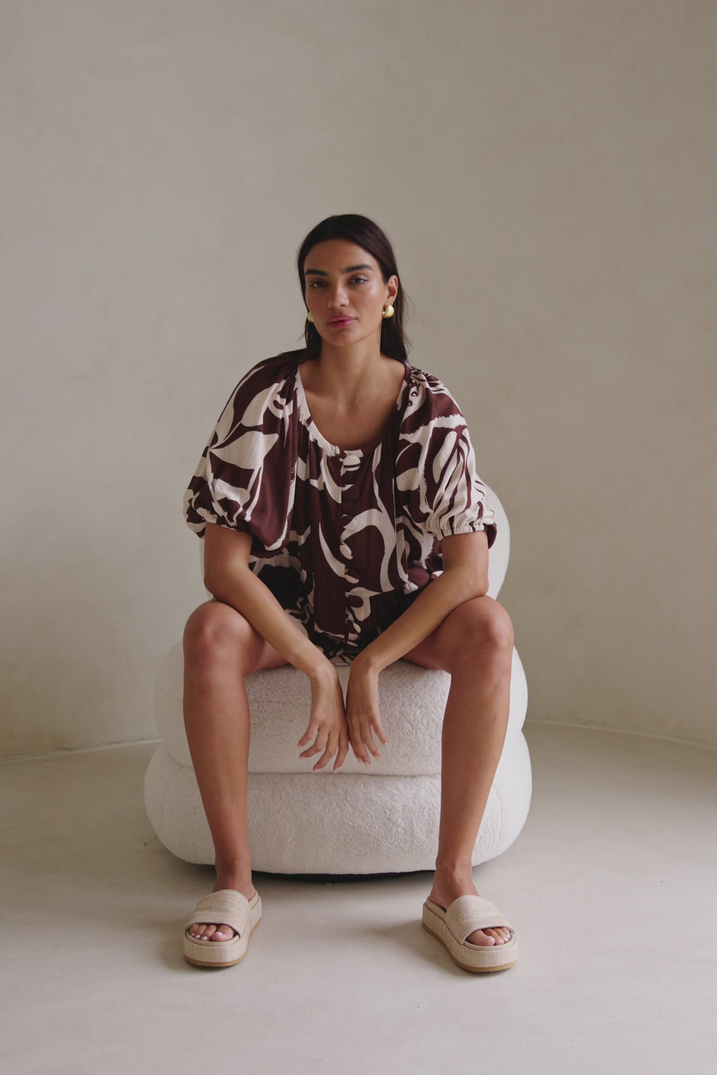 Cream and Brown Painted Tiles Print Button Scarlet Top