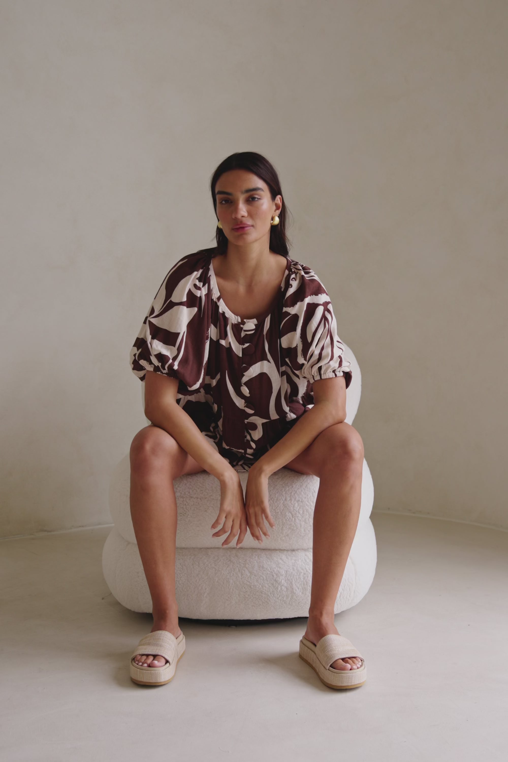 Cream and Brown Painted Tiles Print Button Scarlet Top