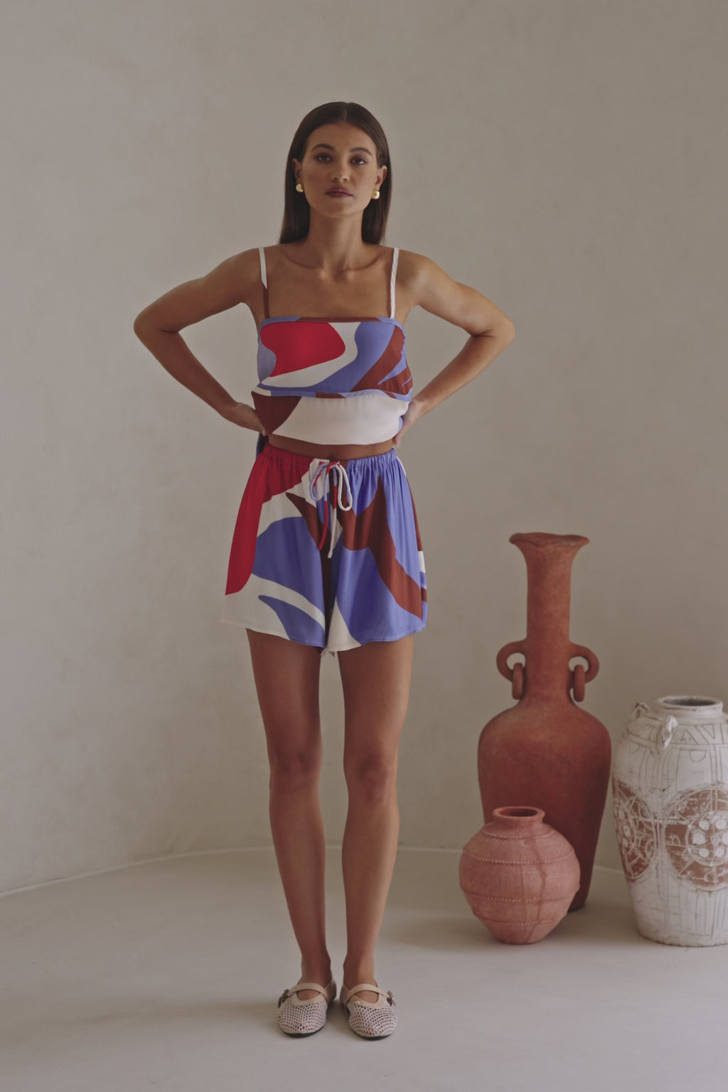 Valley Red Print Elastic Drawstring Vian Shorts