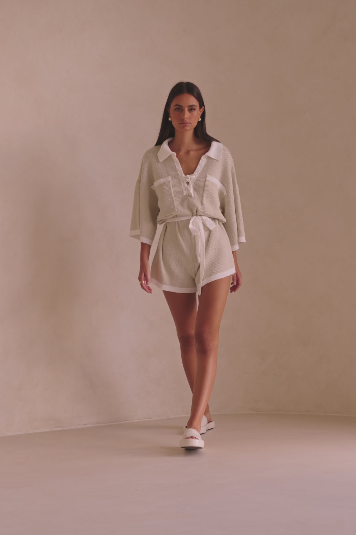 Taupe Grey Collared V Neck Tie Sammi Playsuit