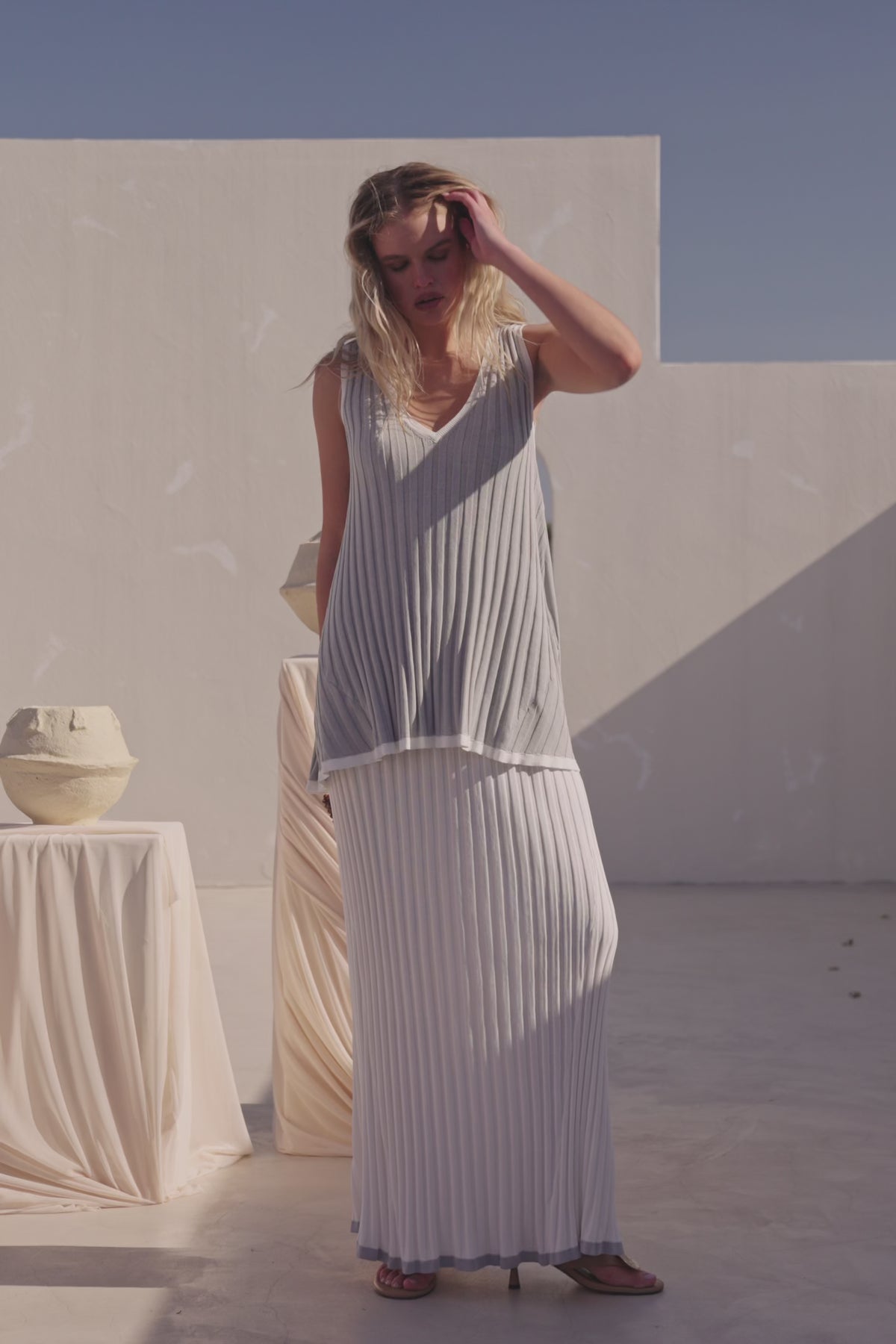 Grey Woven Ribbed V Neck Silla Top